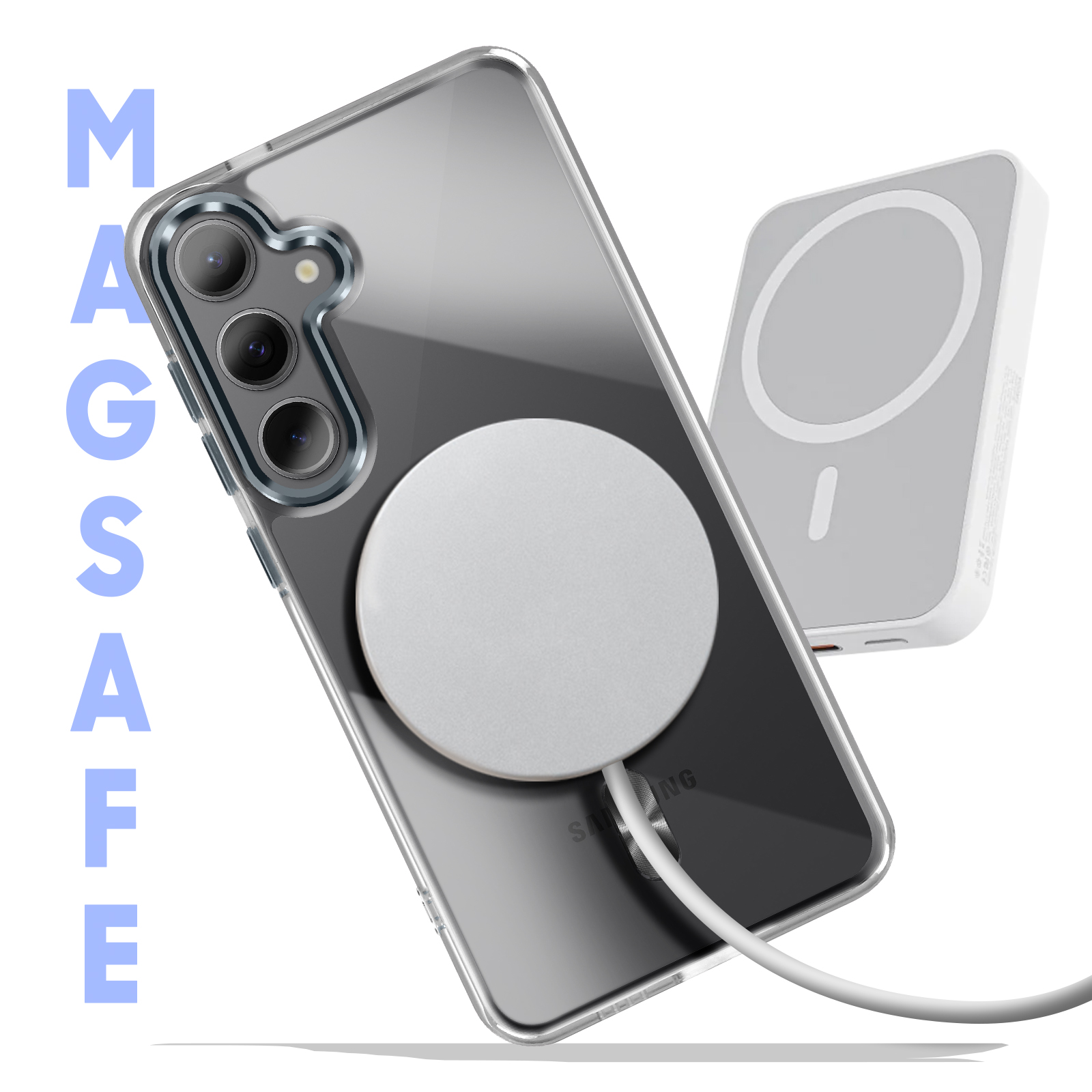Custodia trasparente per telefono con Samsung e caricatore magnetico. Cavo bianco.