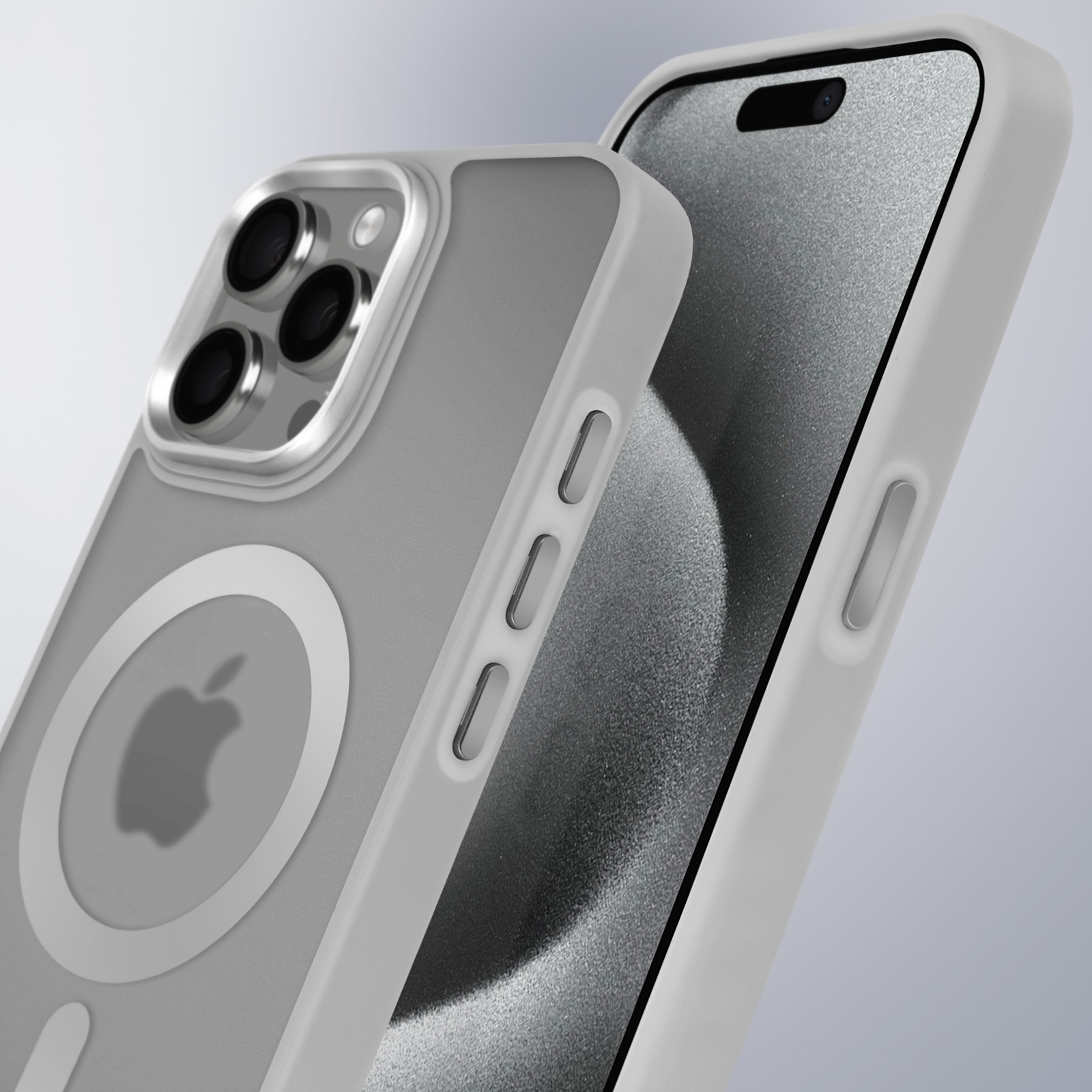 Custodia per telefono con telefono all'interno. La custodia ha un rialzo della fotocamera e un cerchio magnetico.