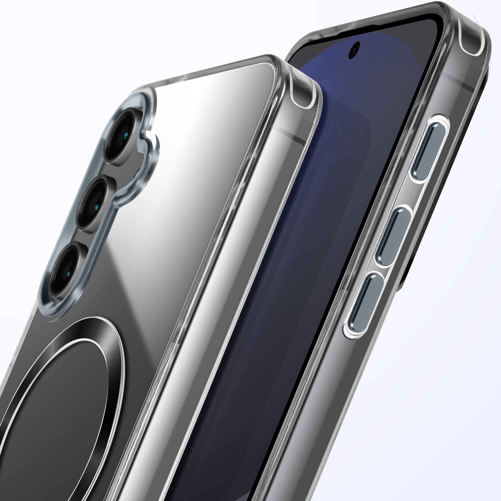 Primo piano di un telefono con custodia trasparente e fotocamere multiple. Il telefono è argentato.