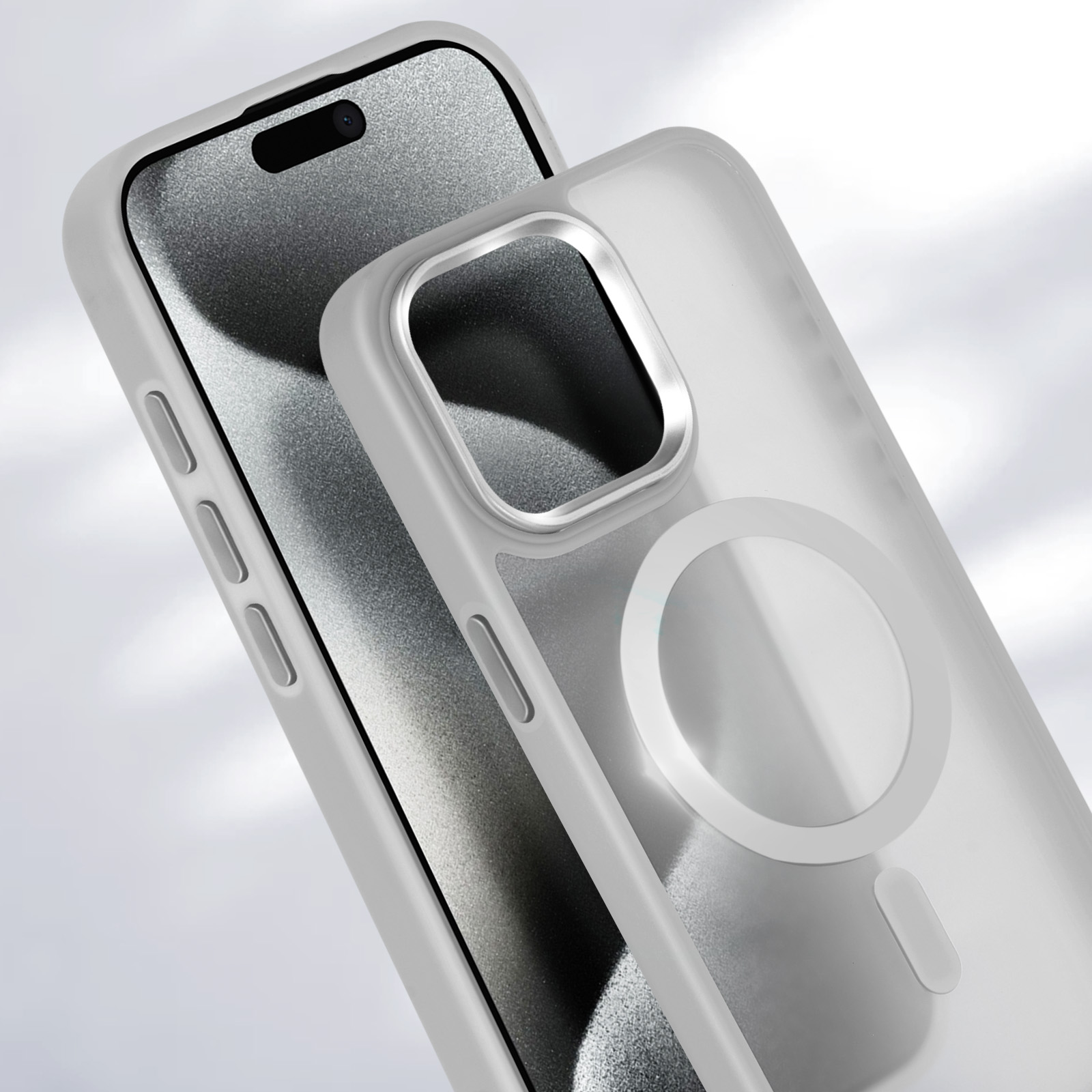 Una custodia per telefono con un cerchio magnetico bianco su un telefono. La custodia è di colore bianco smerigliato.