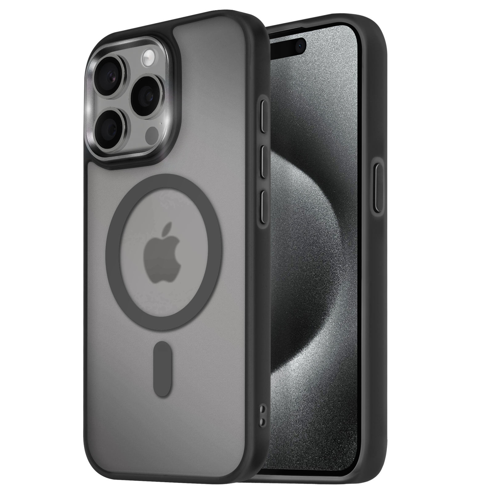 Telefono in custodia nera con logo Apple. La custodia ha un cerchio per il logo.