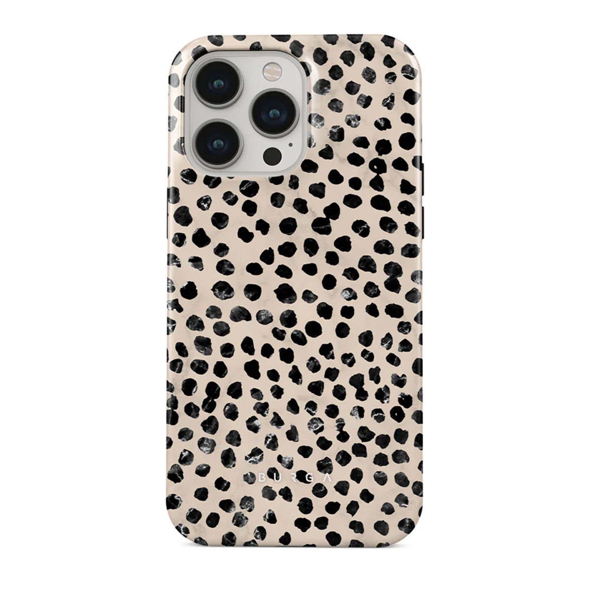 Telefoonhoesje met zwarte stippen op een beige achtergrond. Het heeft een cameramodule.