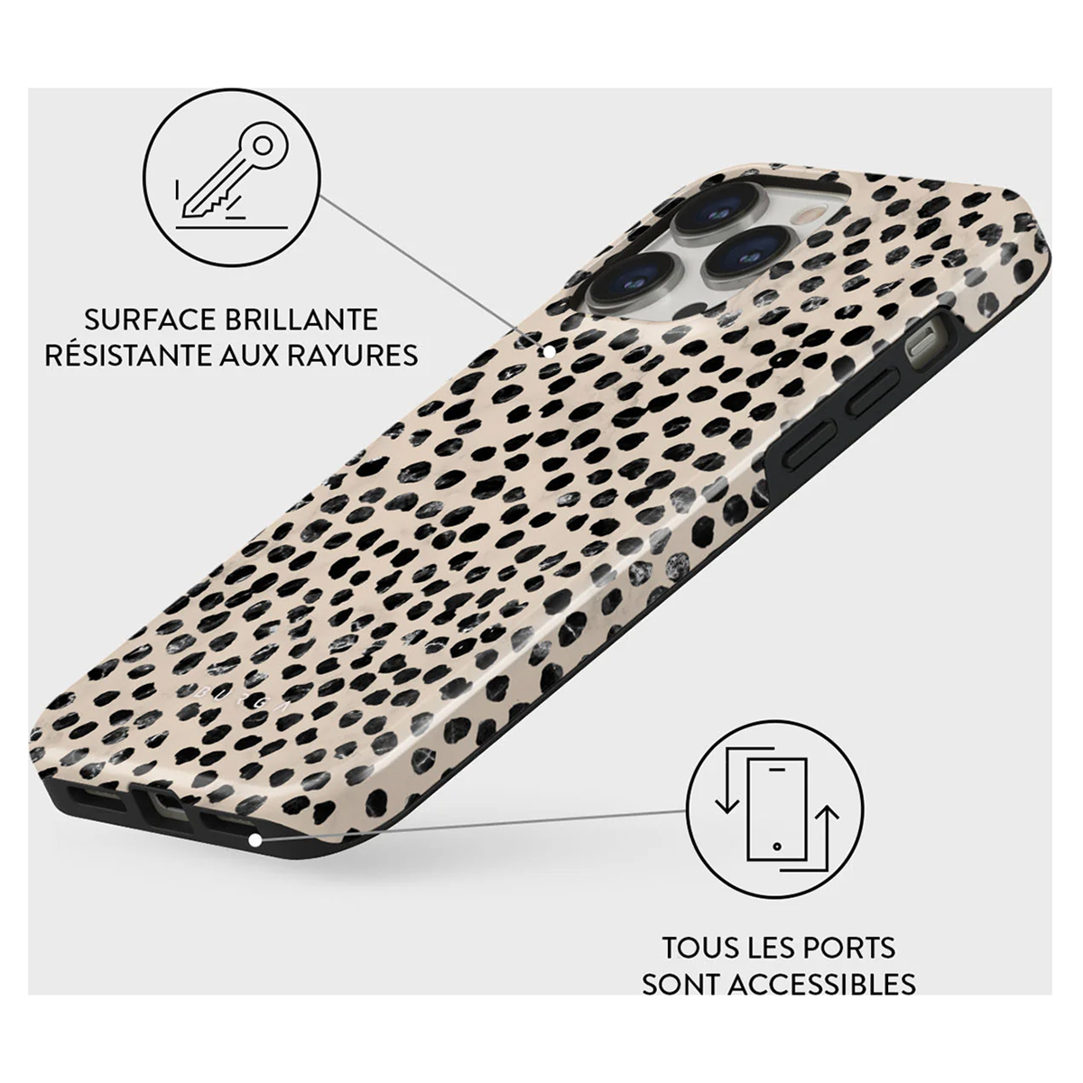 Een telefoonhoesje met een beige vlekkenpatroon en diagrammen die functies en tekst benadrukken.
