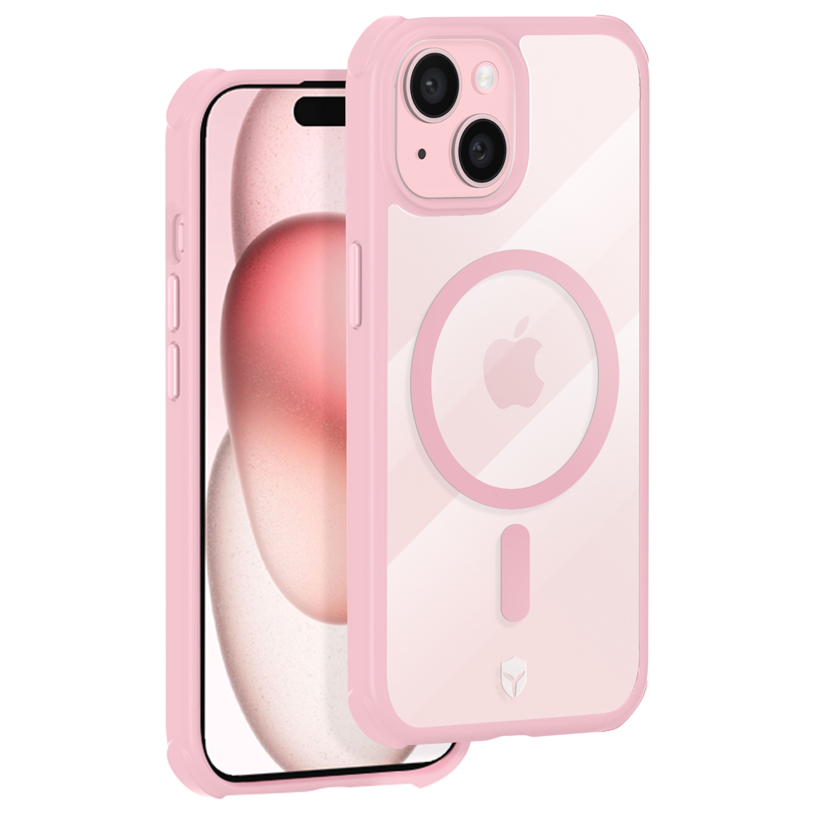 Coque de téléphone rose avec logo Apple et dos transparent. Fond blanc.