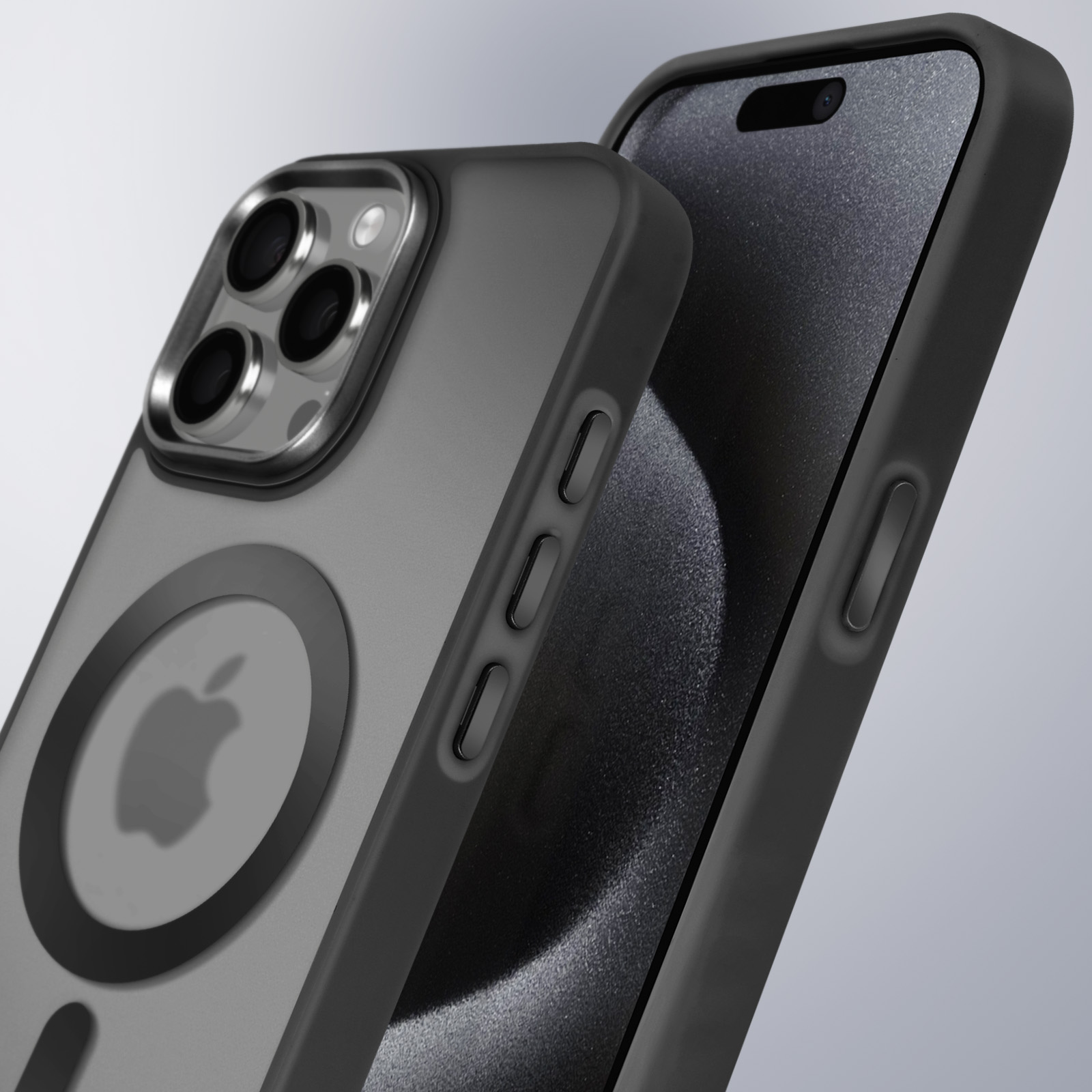 Custodia nera con anello MagSafe. La custodia copre il telefono. Logo Apple sul retro.