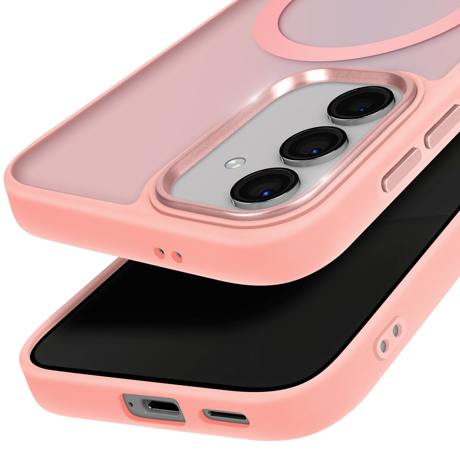 Custodia rosa, con parte superiore rosa chiaro. Il telefono è nero.