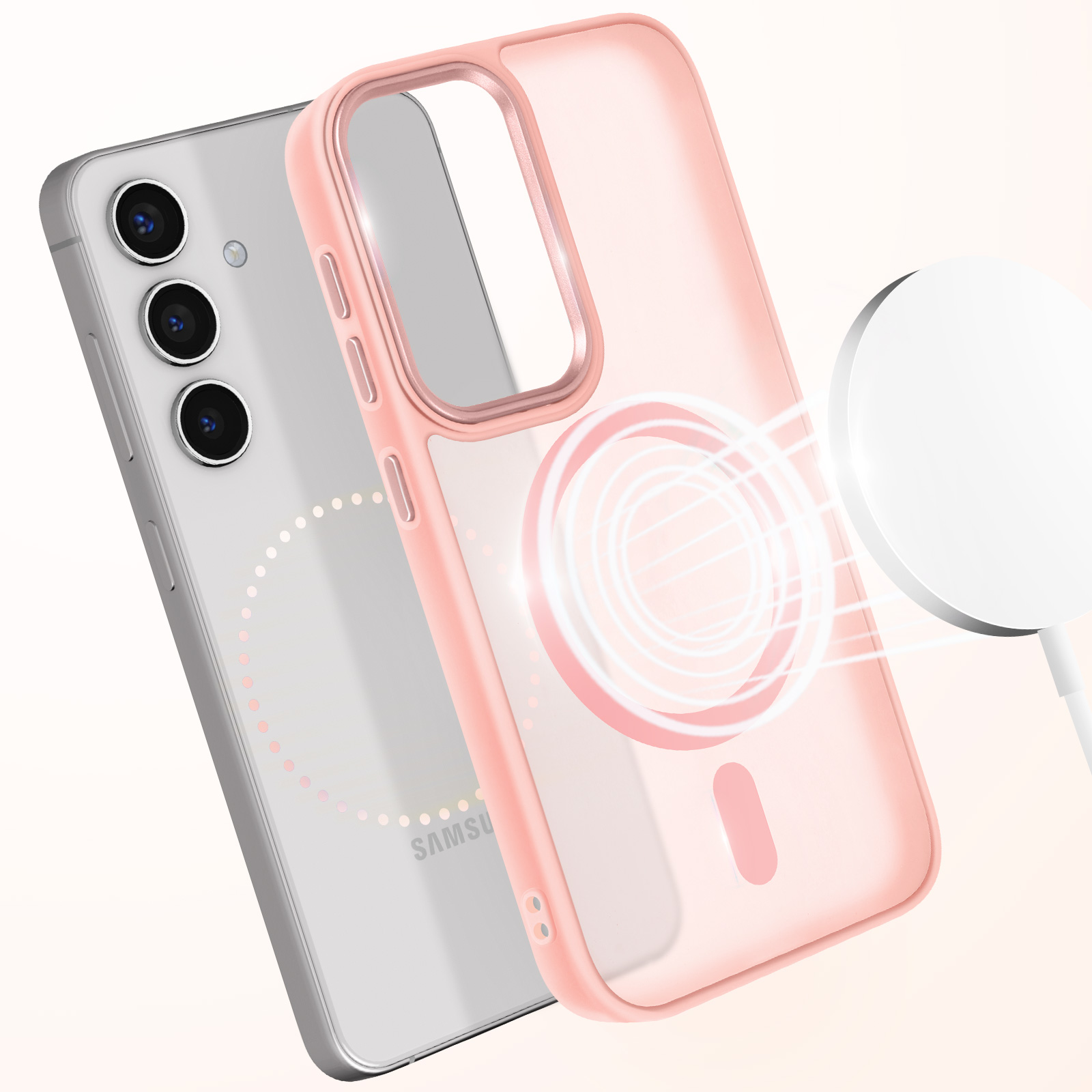 Una custodia rosa per telefono accanto a un telefono e un caricatore magnetico bianco.