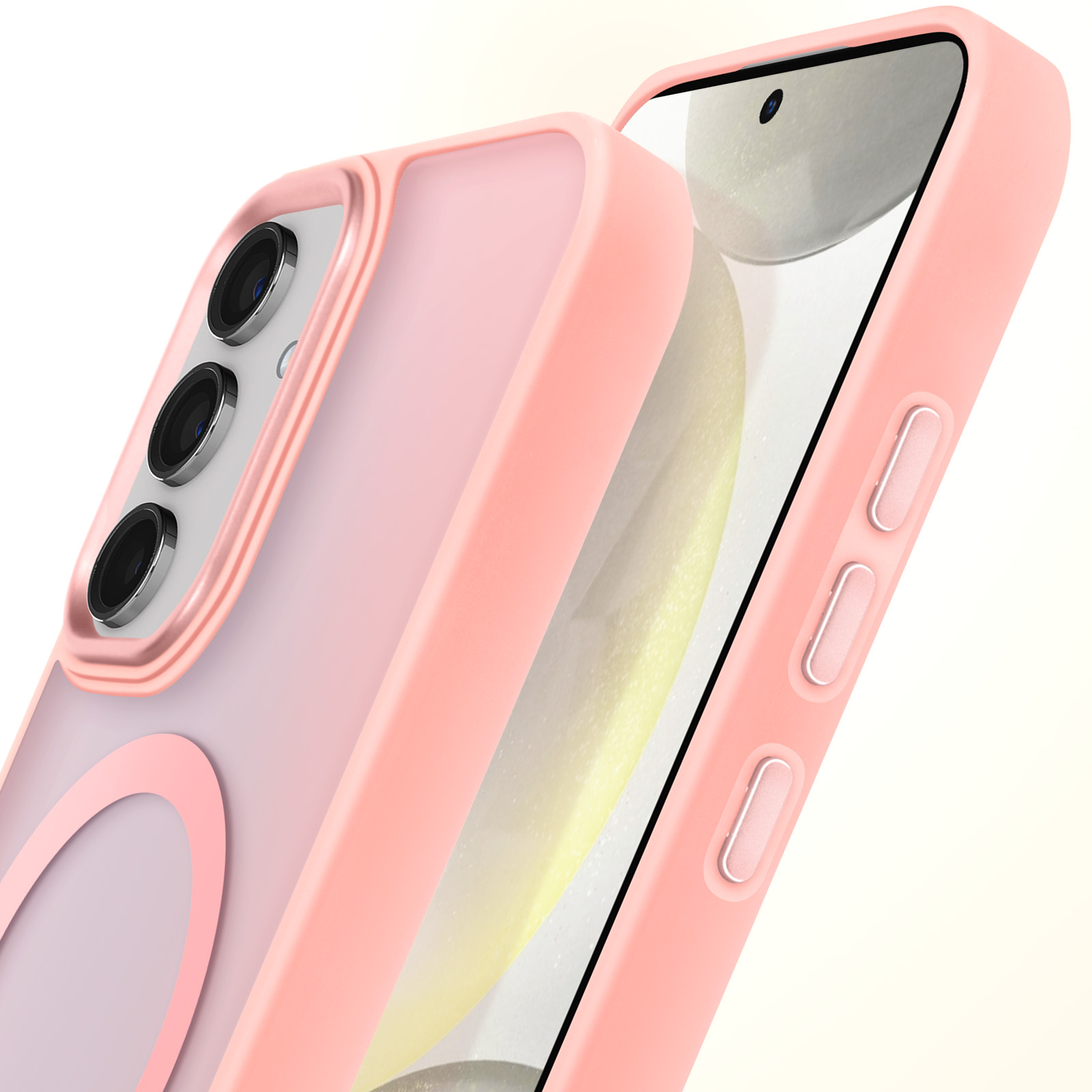 Custodia rosa per telefono su un telefono rosa. La custodia copre la parte posteriore e i lati del dispositivo.