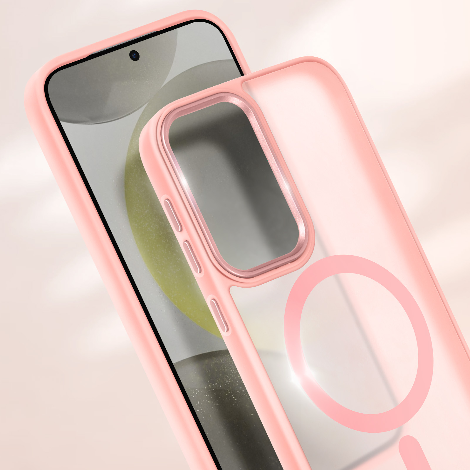 Custodia per telefono rosa con un telefono. La custodia è rosa e trasparente e ha un cerchio magnetico.