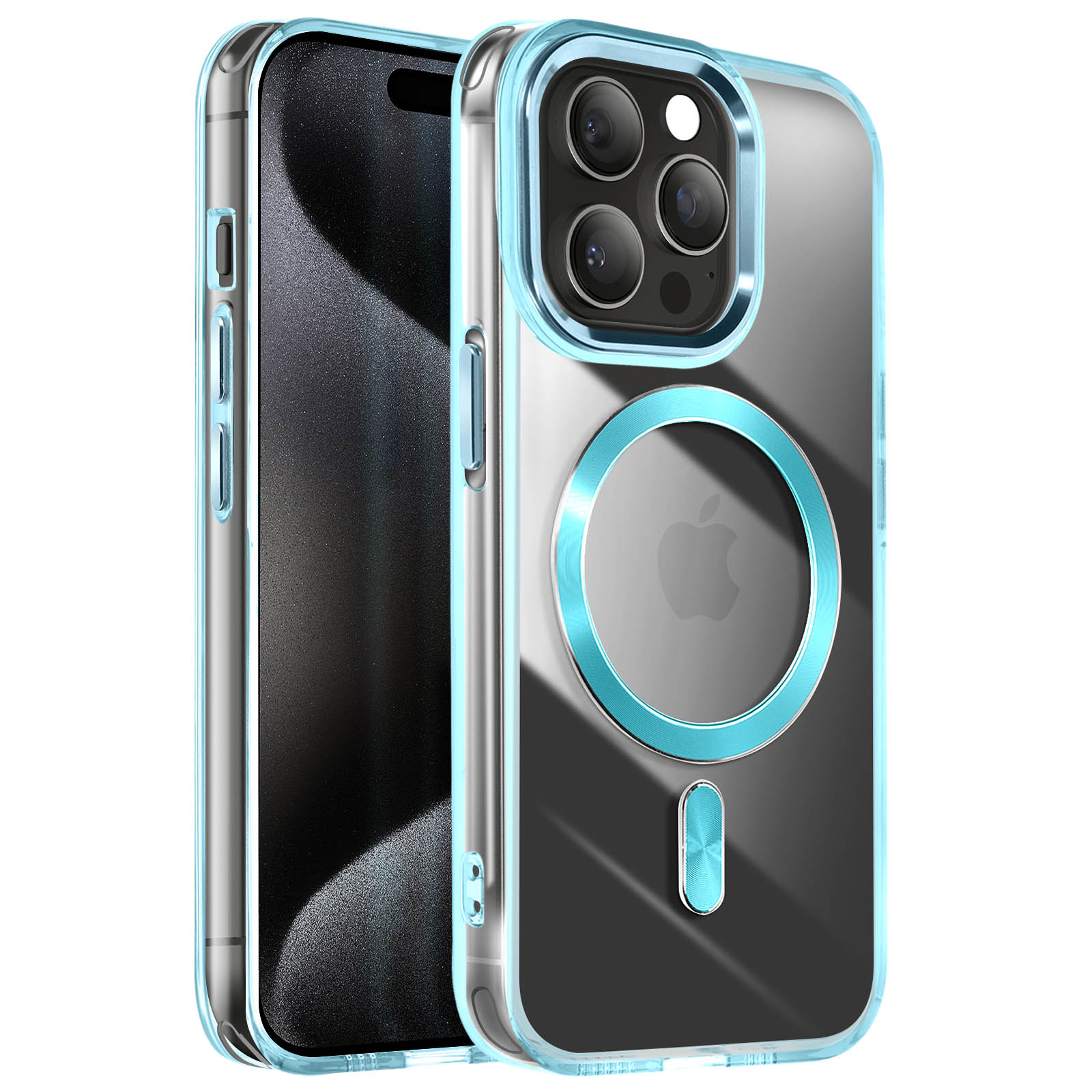 Un telefono dentro una custodia trasparente con cornice blu e anello MagSafe. Il logo Apple è visibile.
