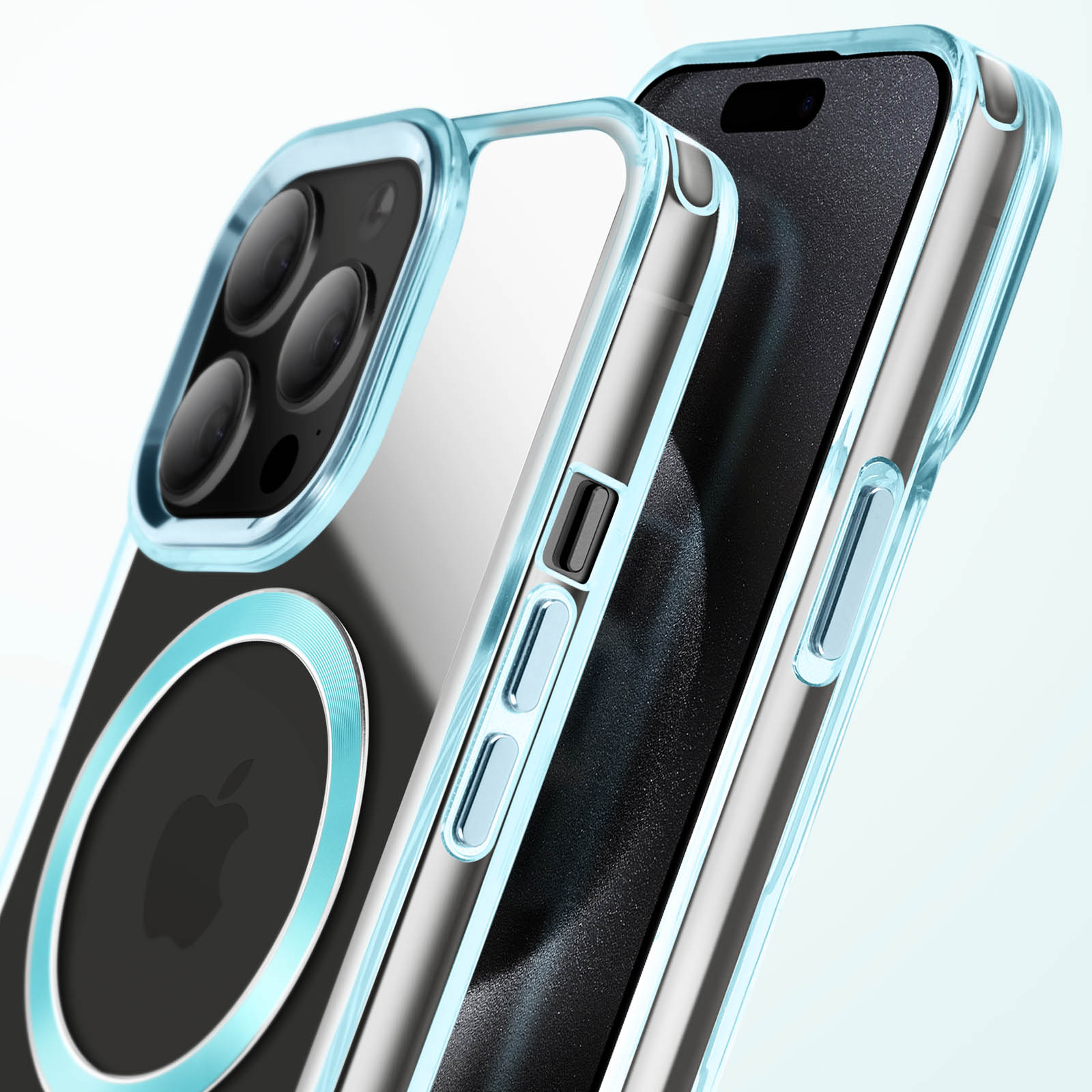 Telefono in una custodia trasparente con bordi blu, tre fotocamere, logo Apple.
