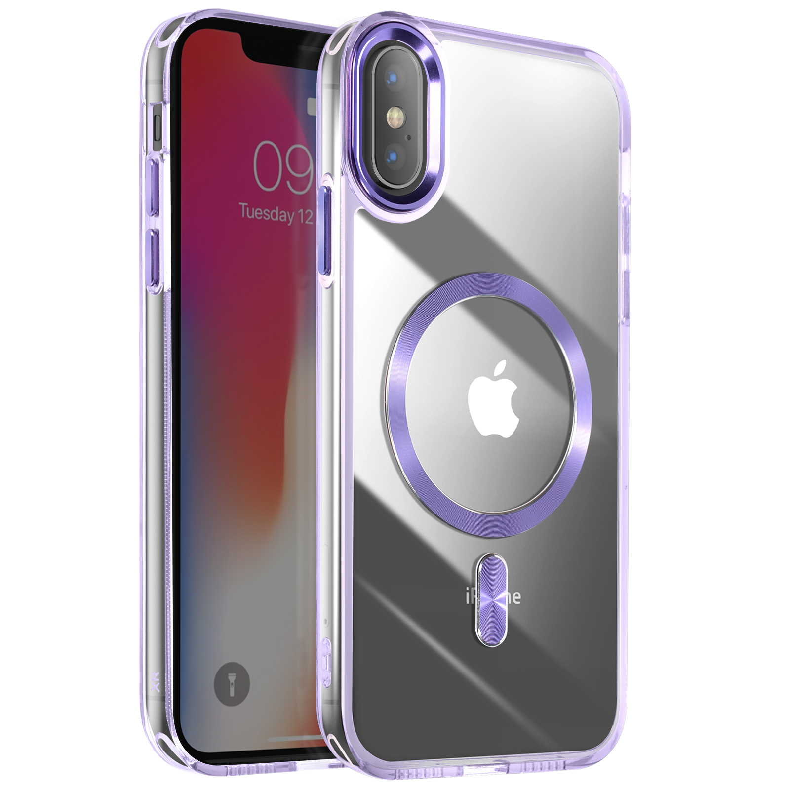 Custodia per telefono con cornice viola. Logo Apple al centro. Telefono con schermo chiaro.