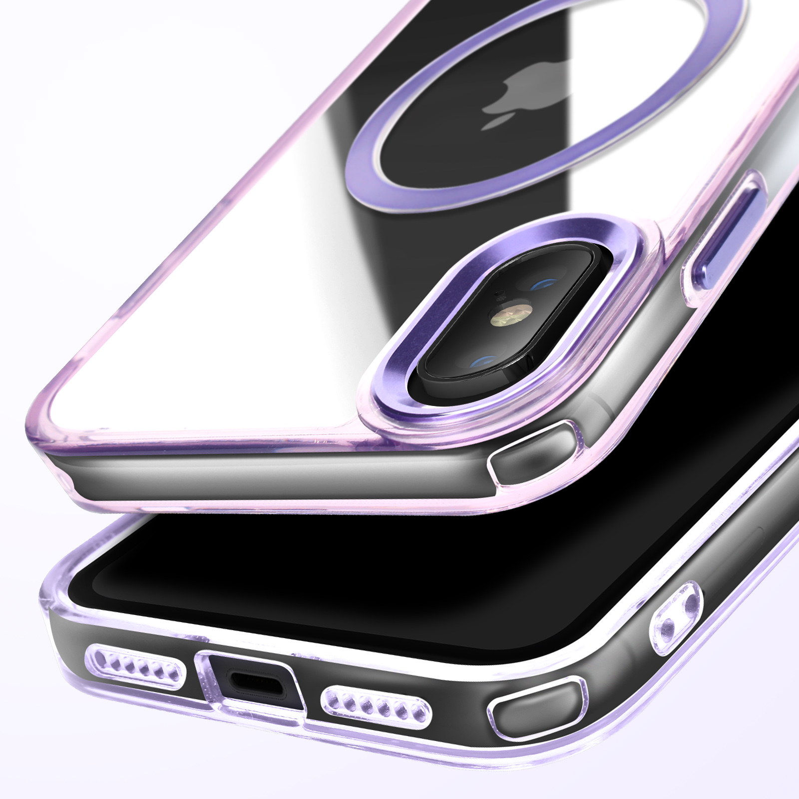 Un telefono all'interno di una custodia trasparente con accenti viola. La custodia è sopra un altro telefono.