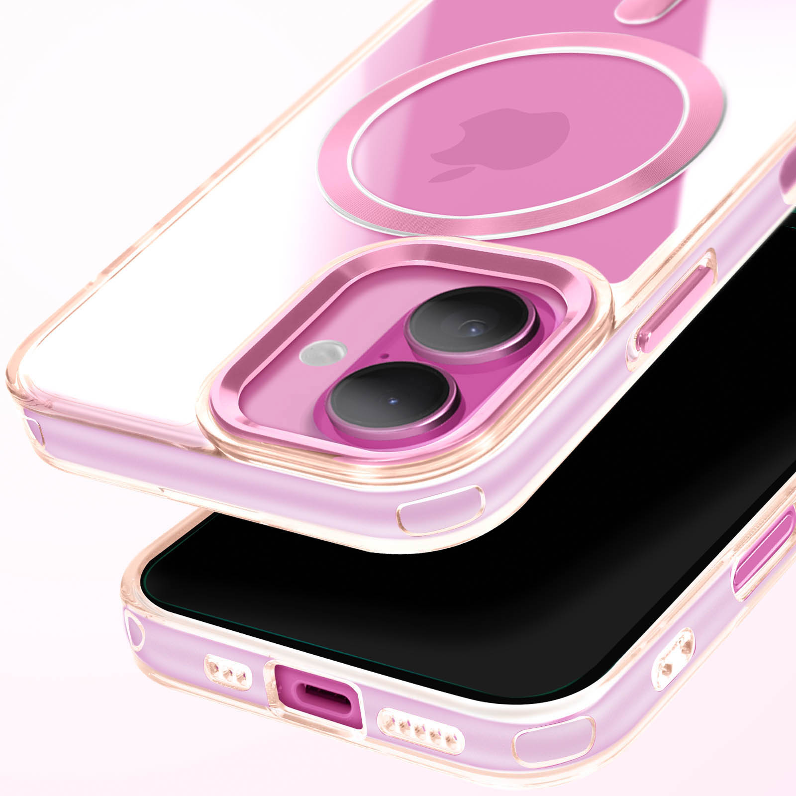 Custodia rosa per telefono con retro trasparente e ritagli per fotocamera, copre parzialmente un telefono.