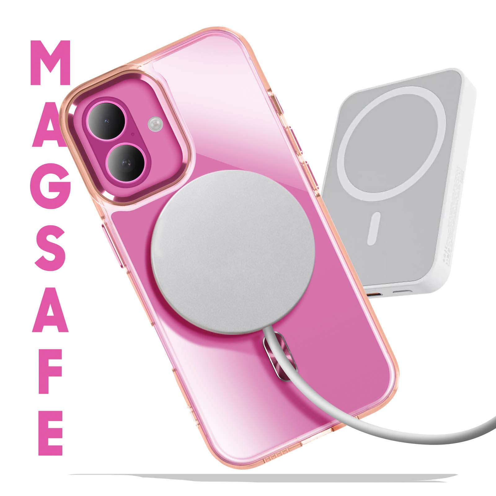 Custodia rosa per telefono con MagSafe. Un caricatore MagSafe bianco è collegato alla custodia rosa.