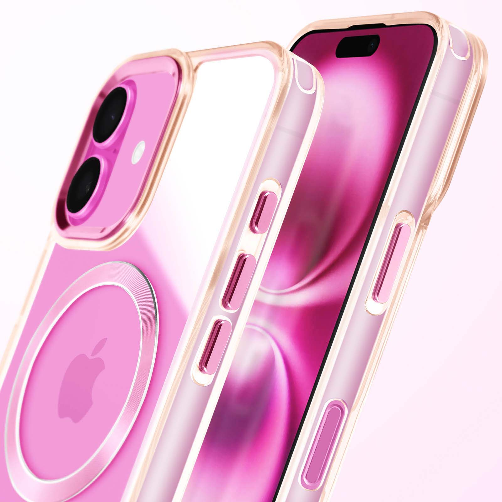 Telefono in custodia rosa. La custodia è trasparente e ha un cerchio MagSafe, mostrando il telefono.