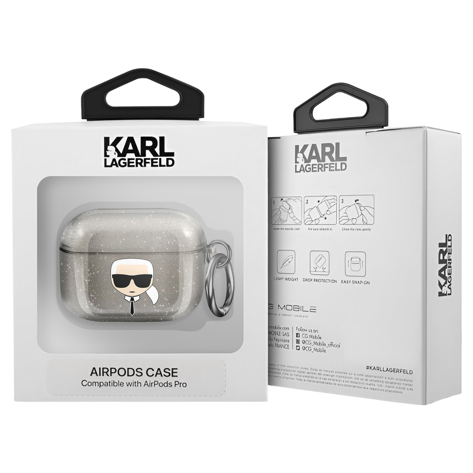 Funda blanca para AirPods con diseño de Karl Lagerfeld. La funda está en una caja con instrucciones.