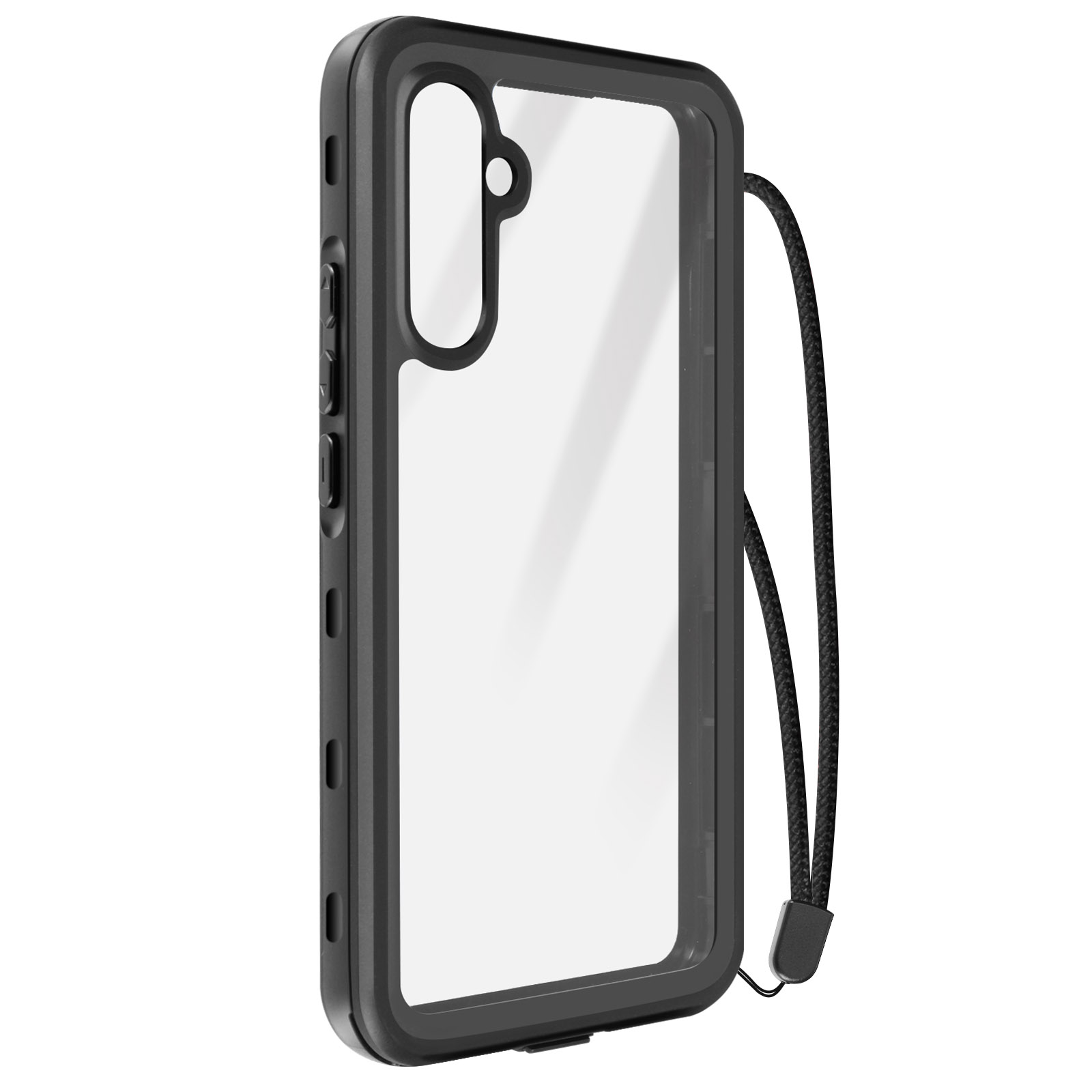 Funda negra con correa. La funda negra tiene frontal transparente y correa negra adjunta.