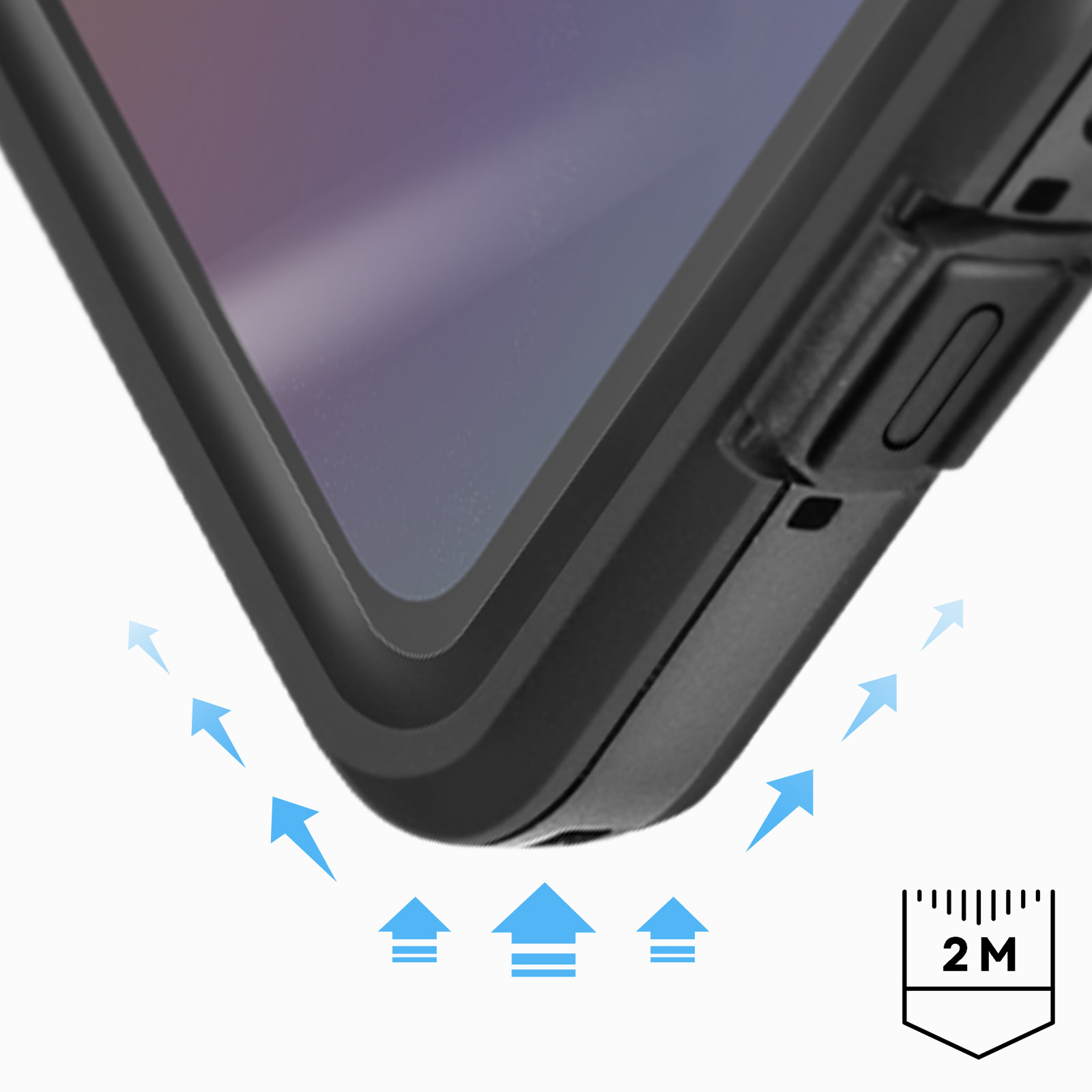 Primer plano de una funda con flechas que muestran protección contra impactos y un símbolo 2M.