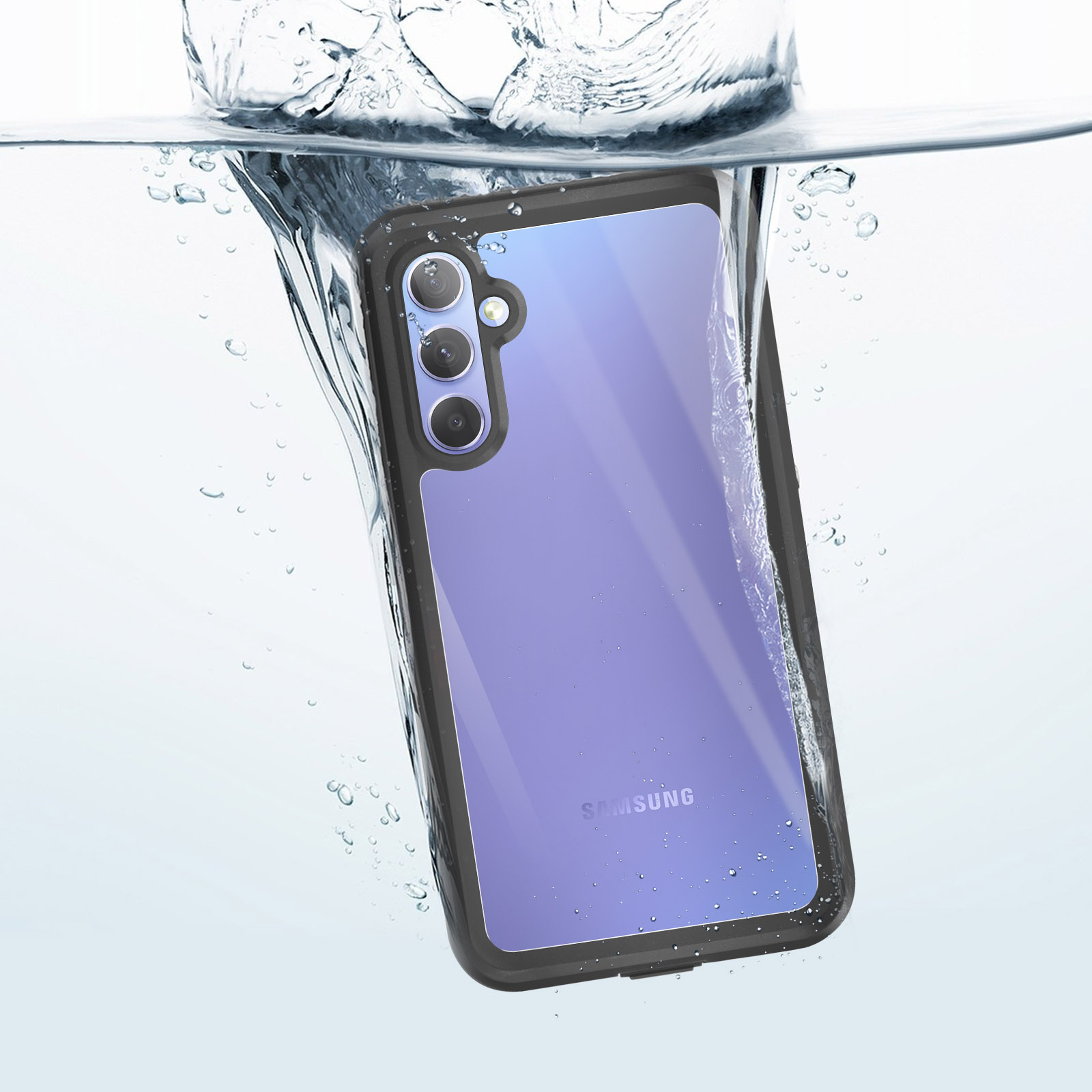 Un teléfono en una funda negra sumergido en agua. Burbujas lo rodean. El logo de Samsung es visible.