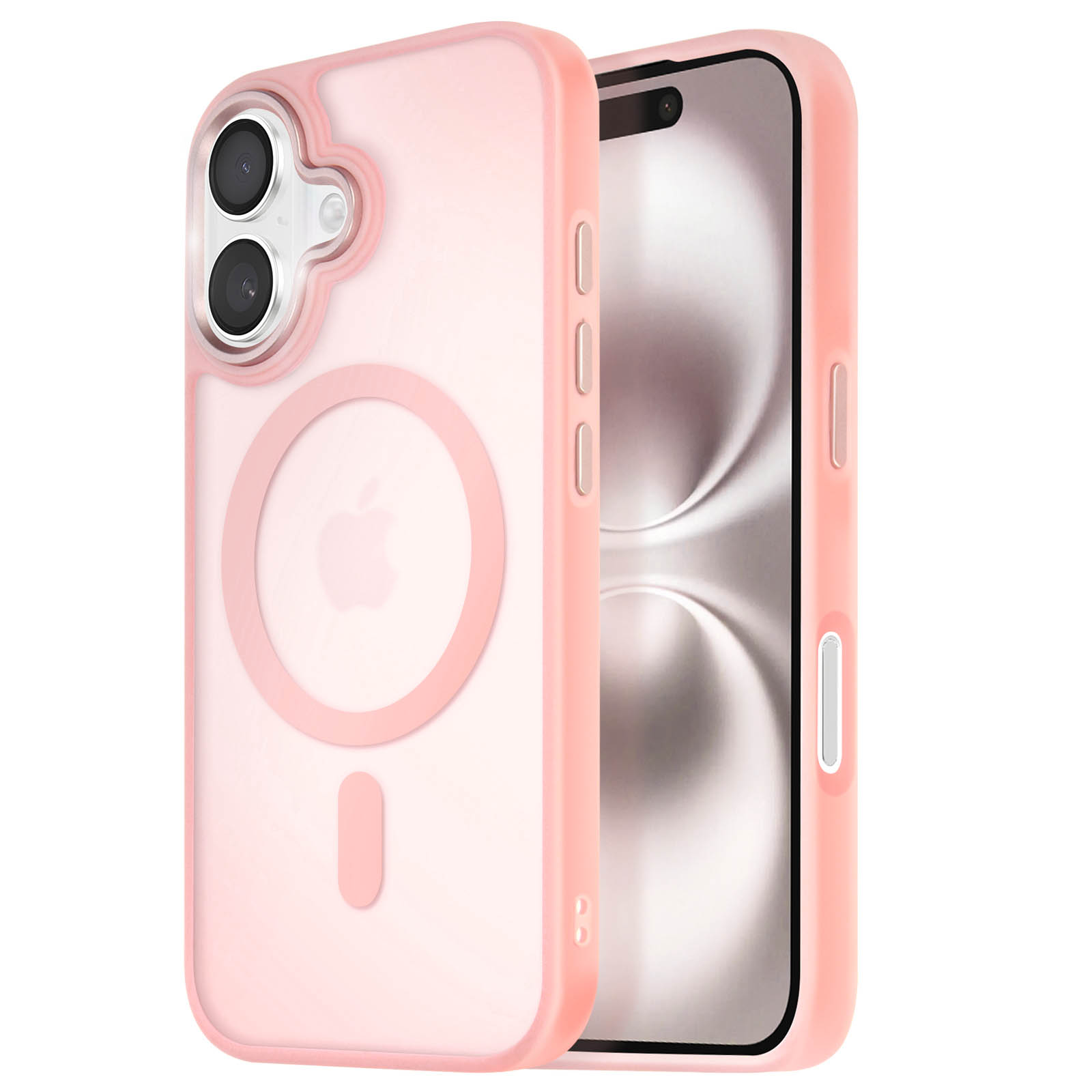 Custodia rosa per telefono con ritaglio rotondo per la fotocamera e anello per MagSafe. Sfondo bianco.