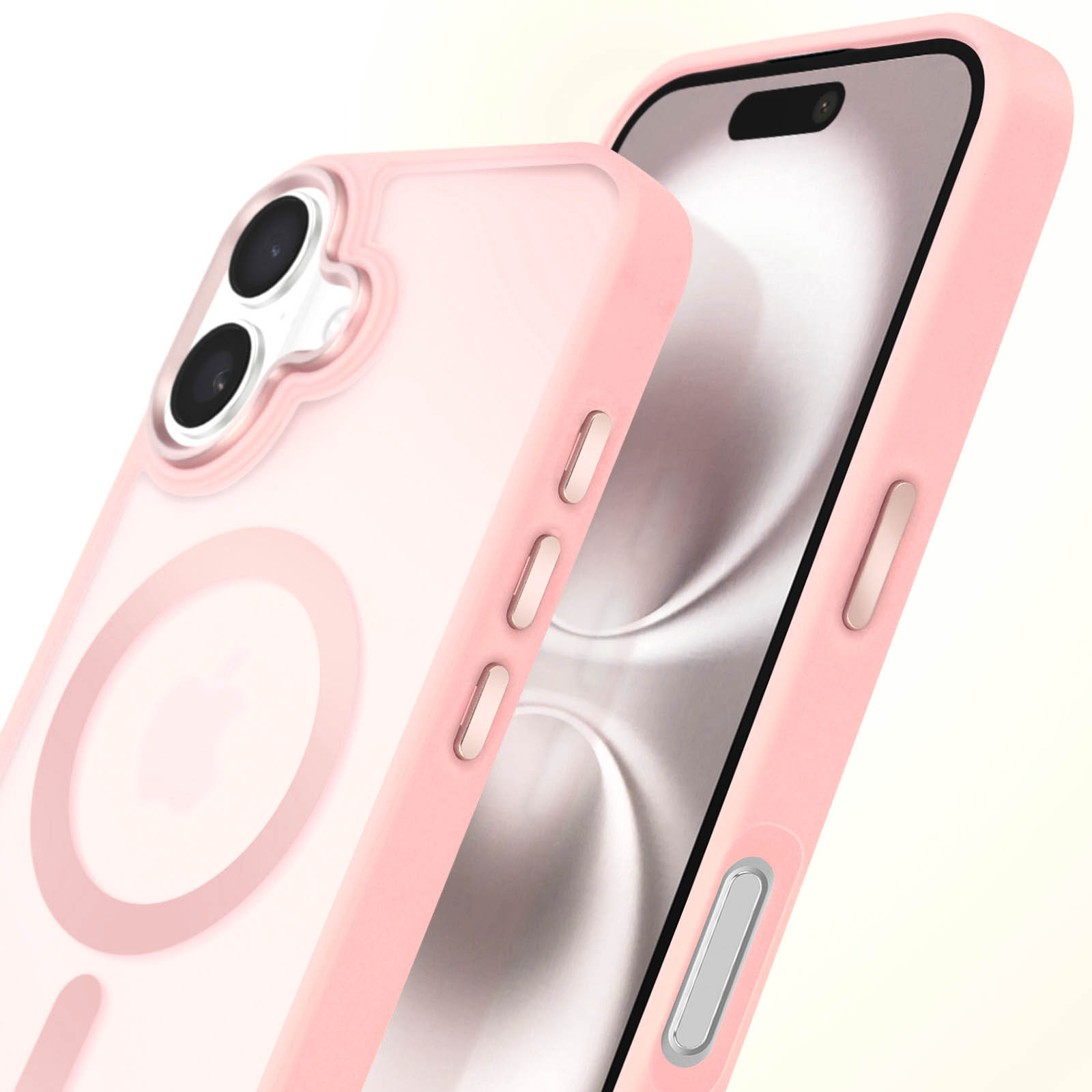 Custodia rosa per telefono con due fotocamere. La custodia ha un anello.