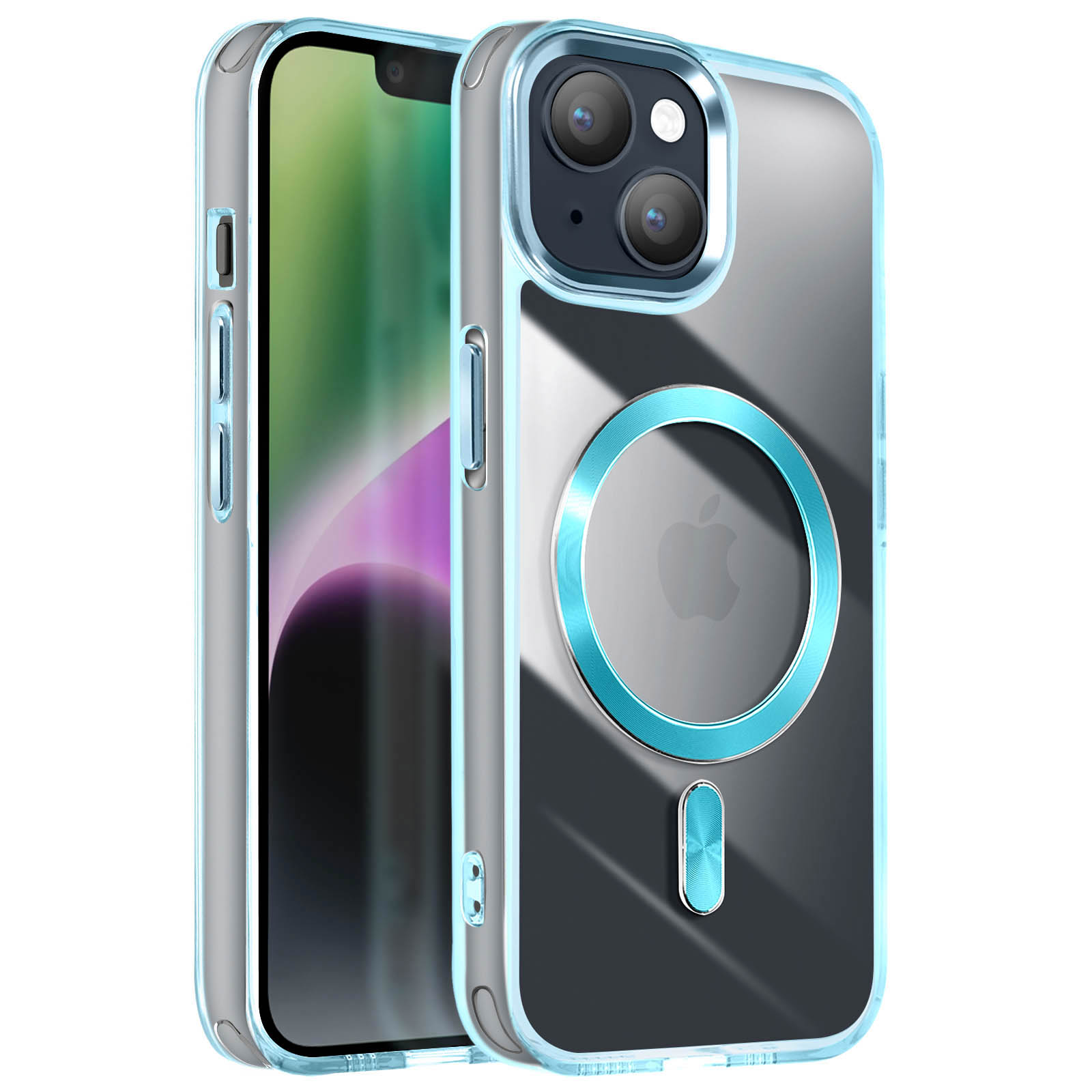 Una custodia per telefono in due parti. La custodia è trasparente con un anello blu attorno alla fotocamera e un logo Apple.