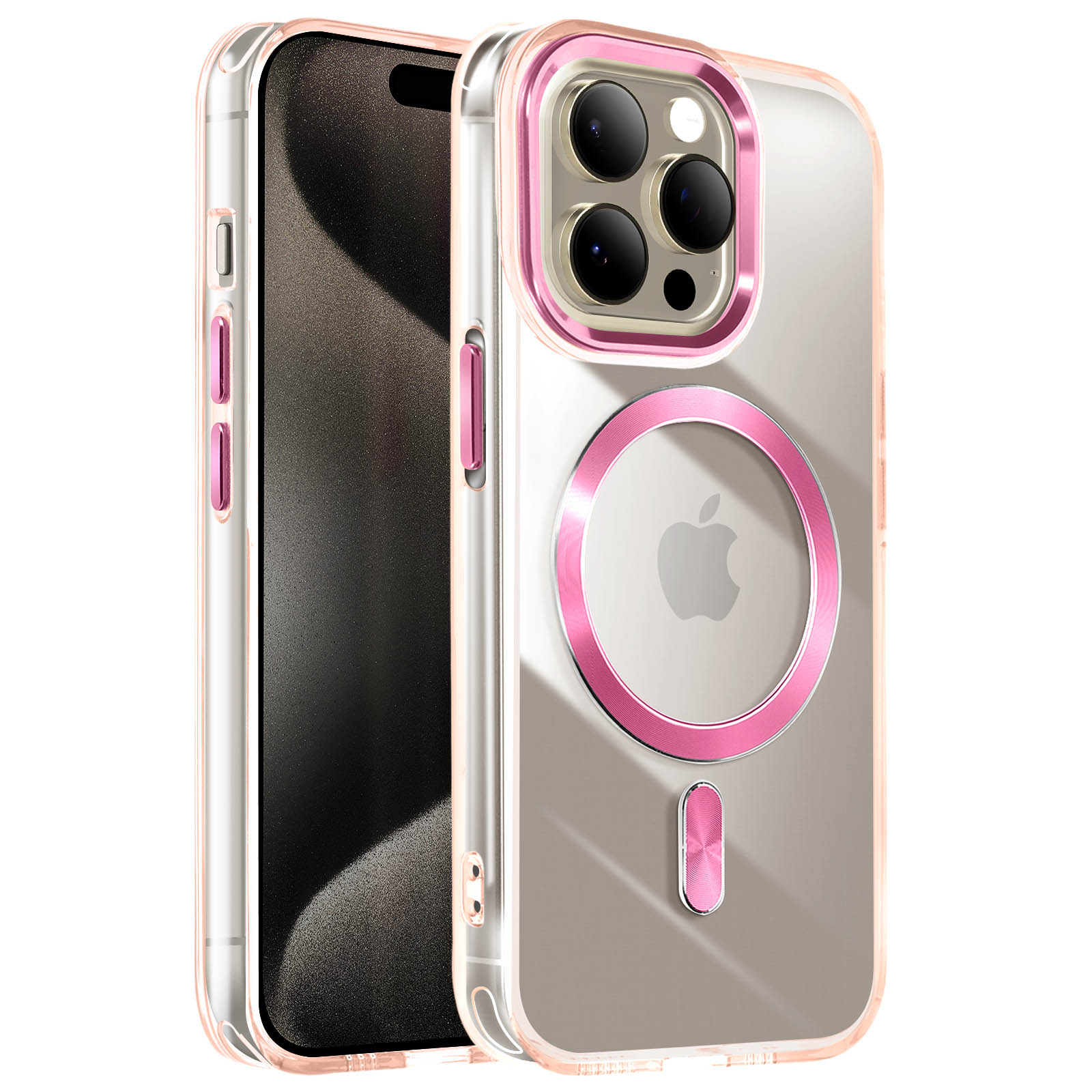 Custodia trasparente con dettagli rosa. Telefono visibile all'interno. Cerchio e pulsante rosa. Sfondo bianco.
