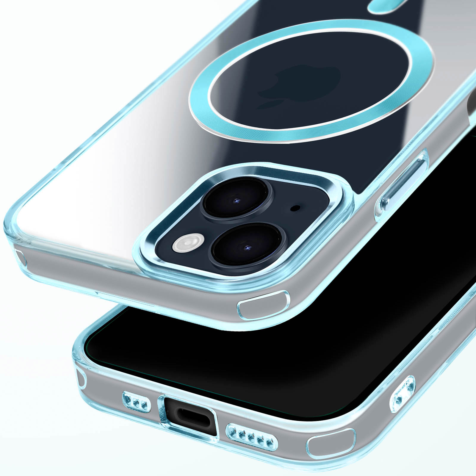 Custodia trasparente. Rifinitura blu, che tiene un telefono. Sfondo bianco.