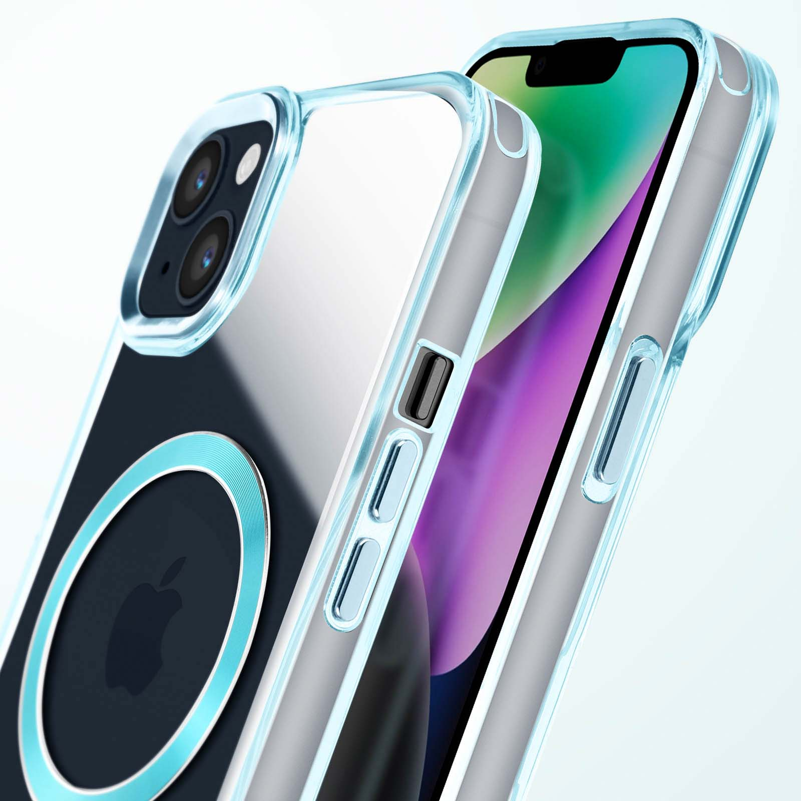 Due custodie per telefono, una blu, una trasparente, che mostrano le fotocamere del telefono, parzialmente aperte.