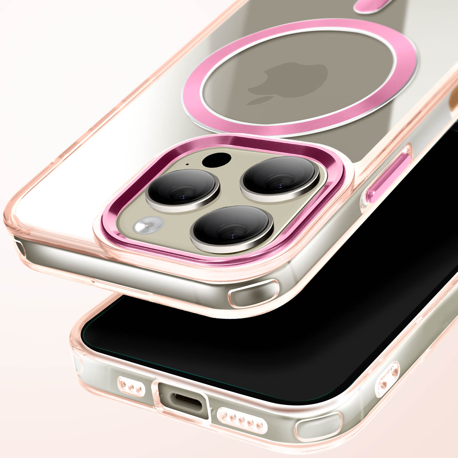 Custodia trasparente con anello rosa e protezione fotocamera. Telefono dentro, sfondo bianco.