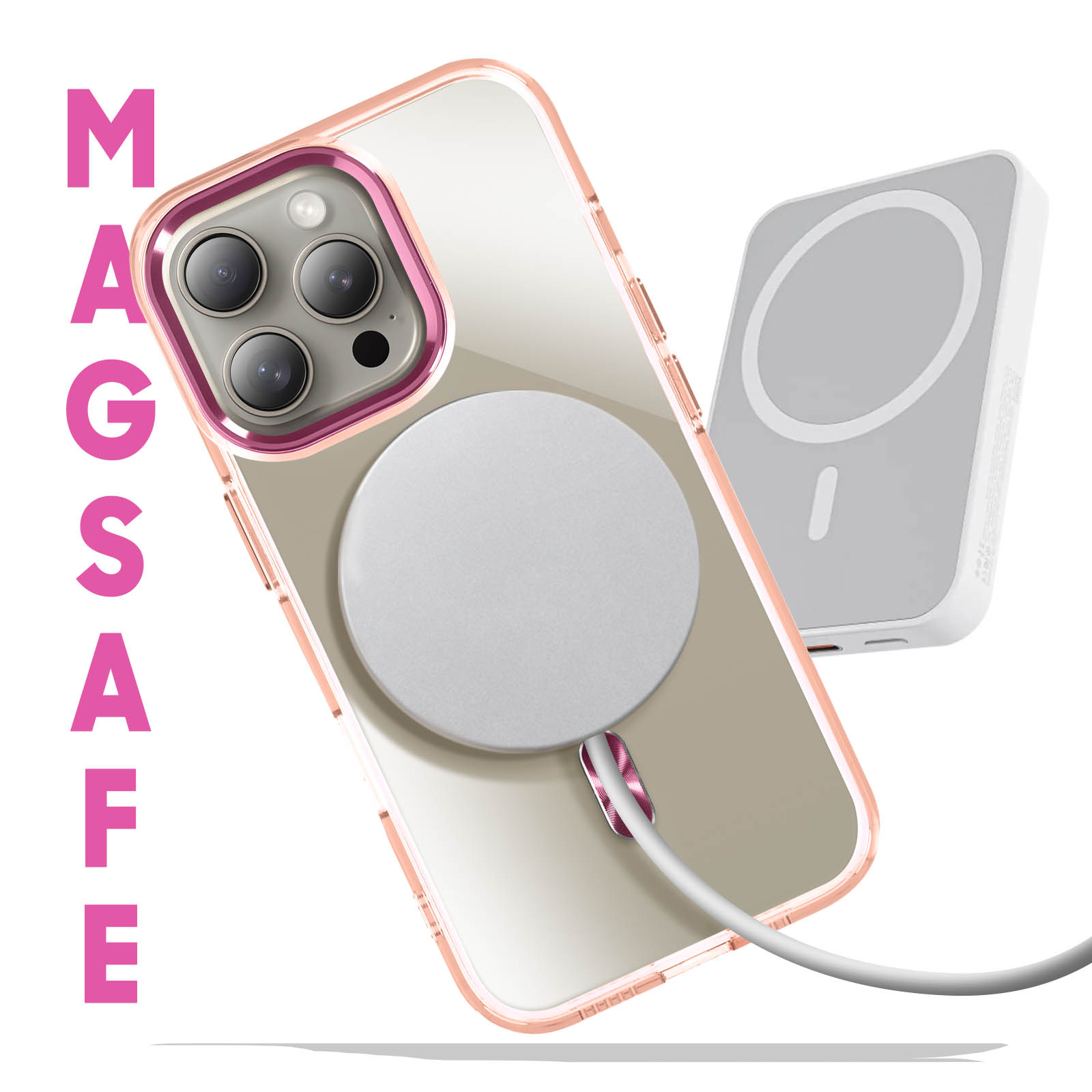 Una custodia per telefono con bordi rosa e un cerchio MagSafe bianco, collegata a un caricatore bianco.
