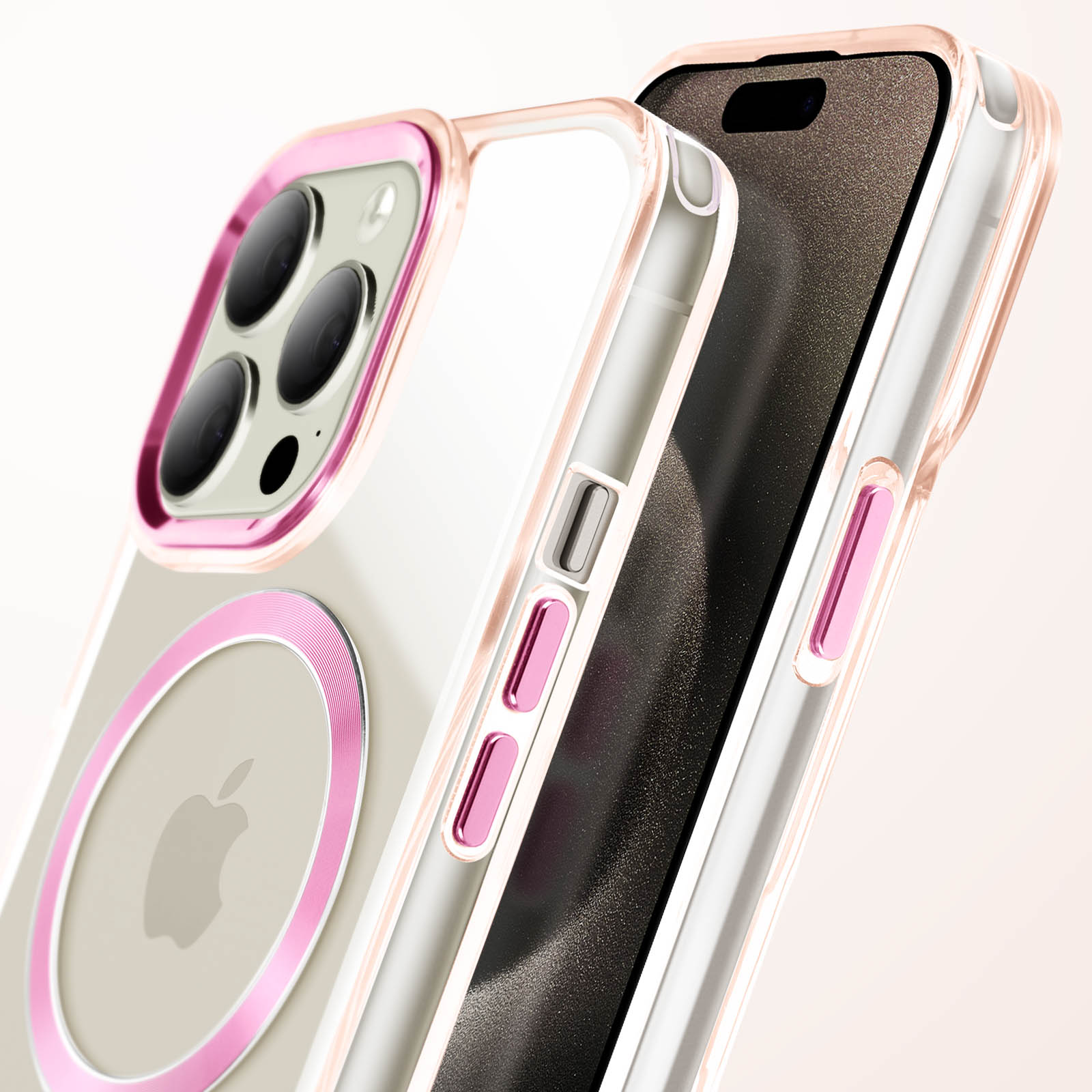 Custodia trasparente con contorno rosa e logo Apple. Un telefono è all'interno della custodia.