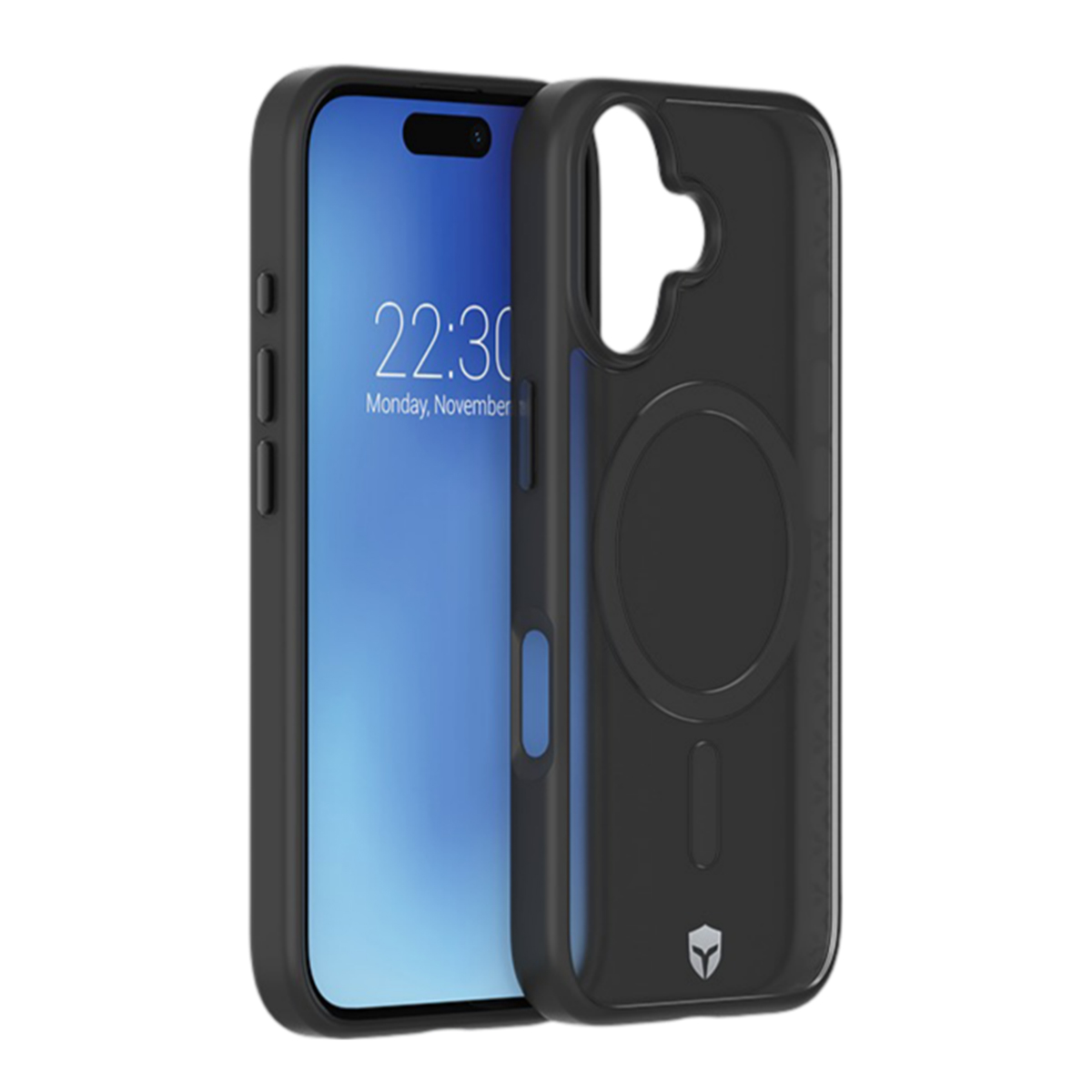 Custodia nera per telefono su sfondo bianco. La custodia ha un foro per fotocamera e pulsanti.