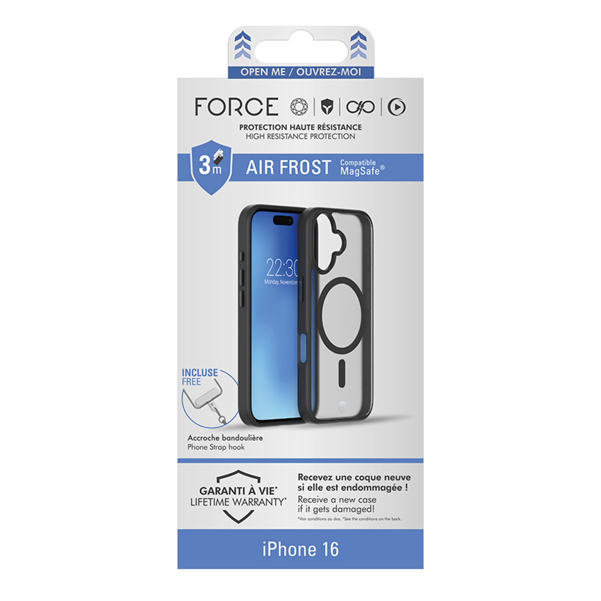 Confezione della custodia del telefono. Custodia nera con illustrazione del telefono. Sfondo bianco e blu.
