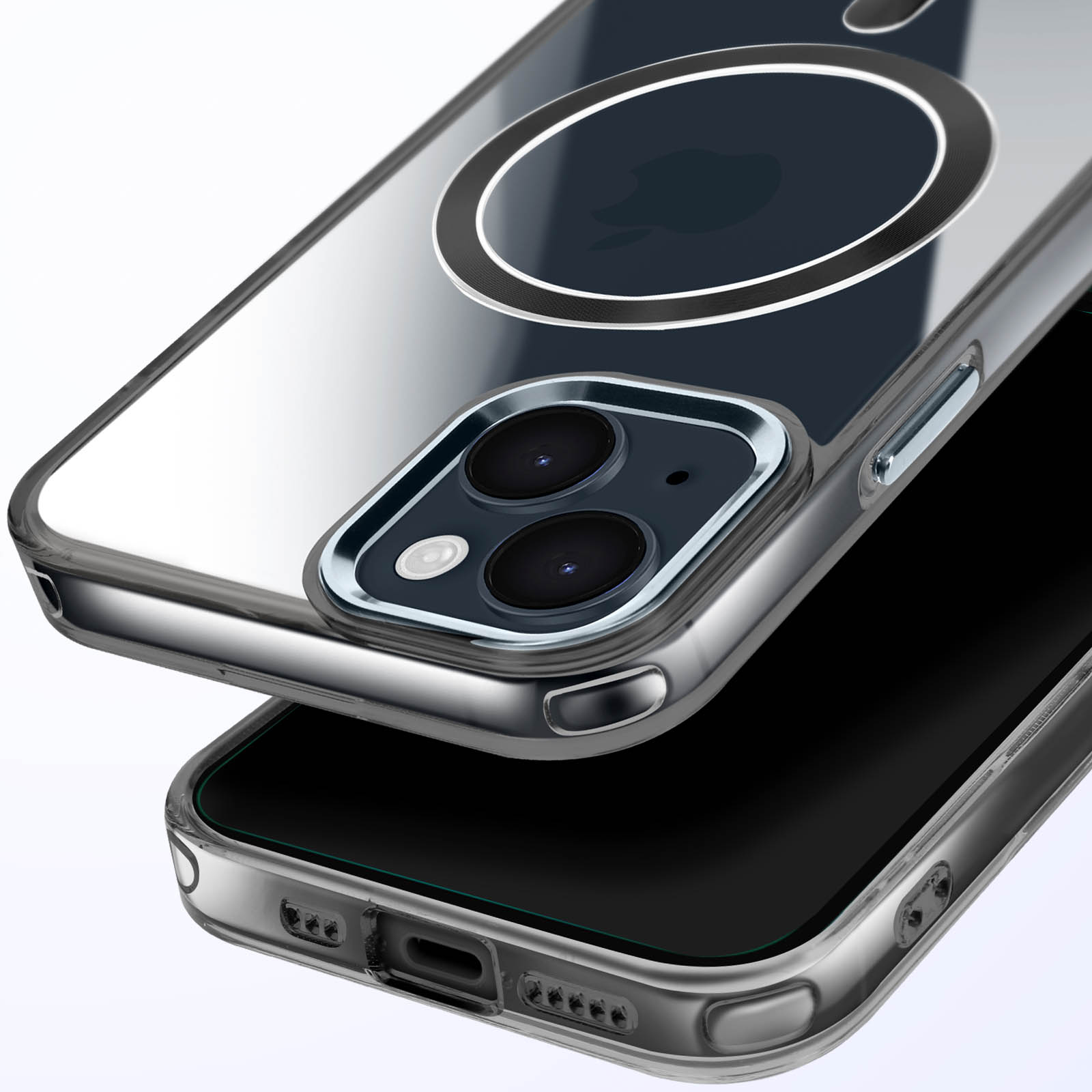 Custodia trasparente che mostra la fotocamera e il retro del telefono. Un anello magnetico nero è visibile.