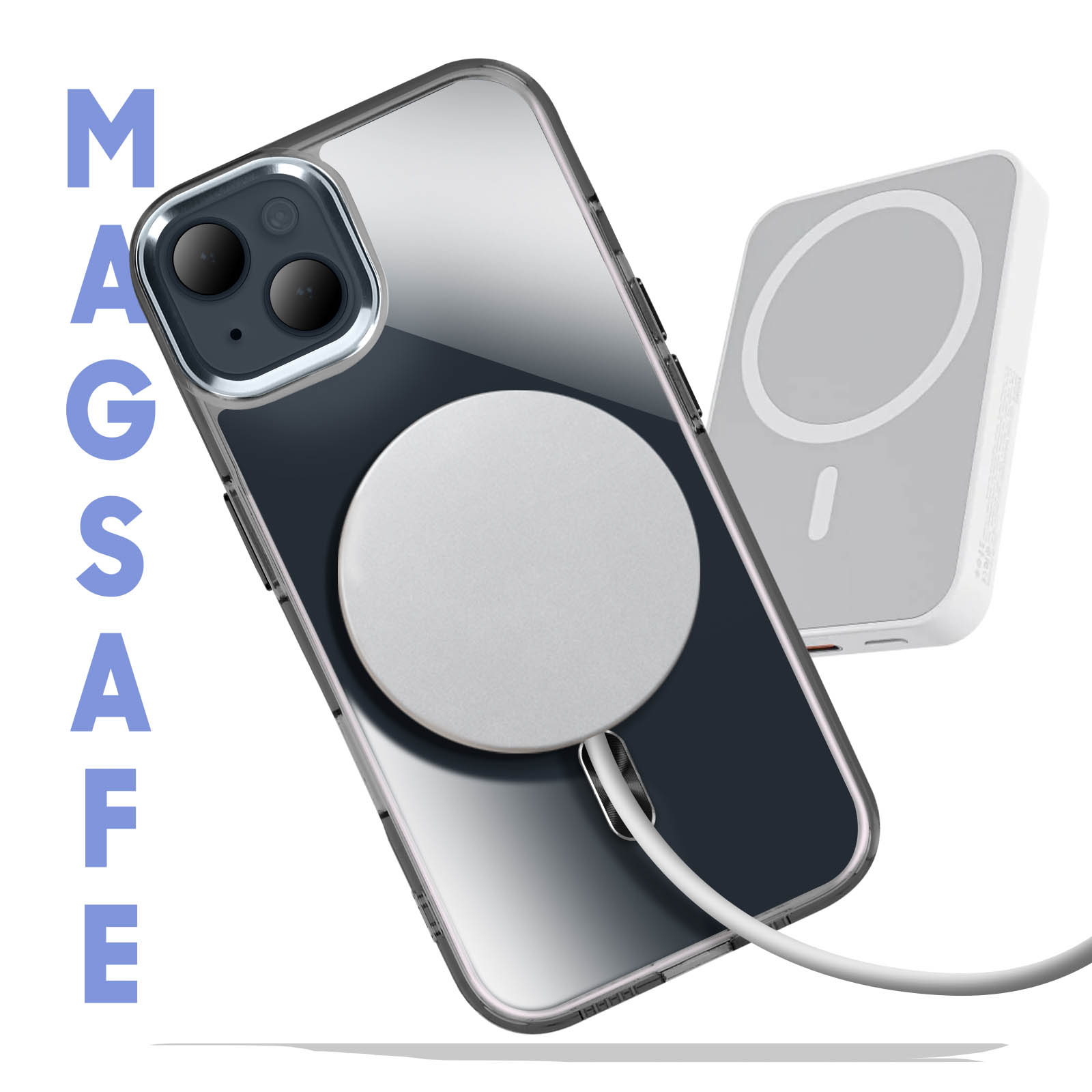 Telefono con custodia MagSafe e caricatore wireless separato. Testo: MAGSAFE.