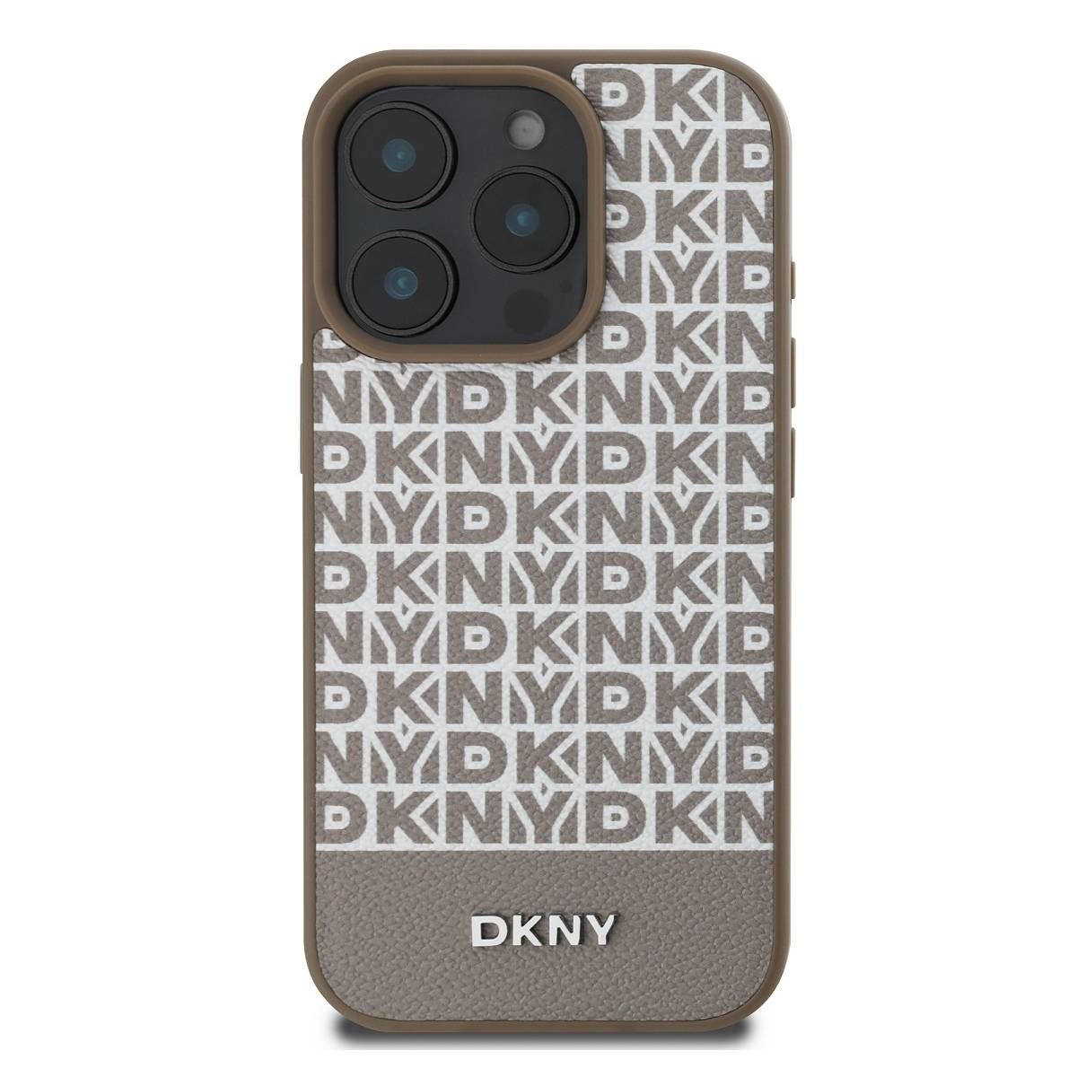 Custodia per telefono con motivo logo DKNY. La custodia è marrone e ha un logo DKNY. La fotocamera è in alto a sinistra.