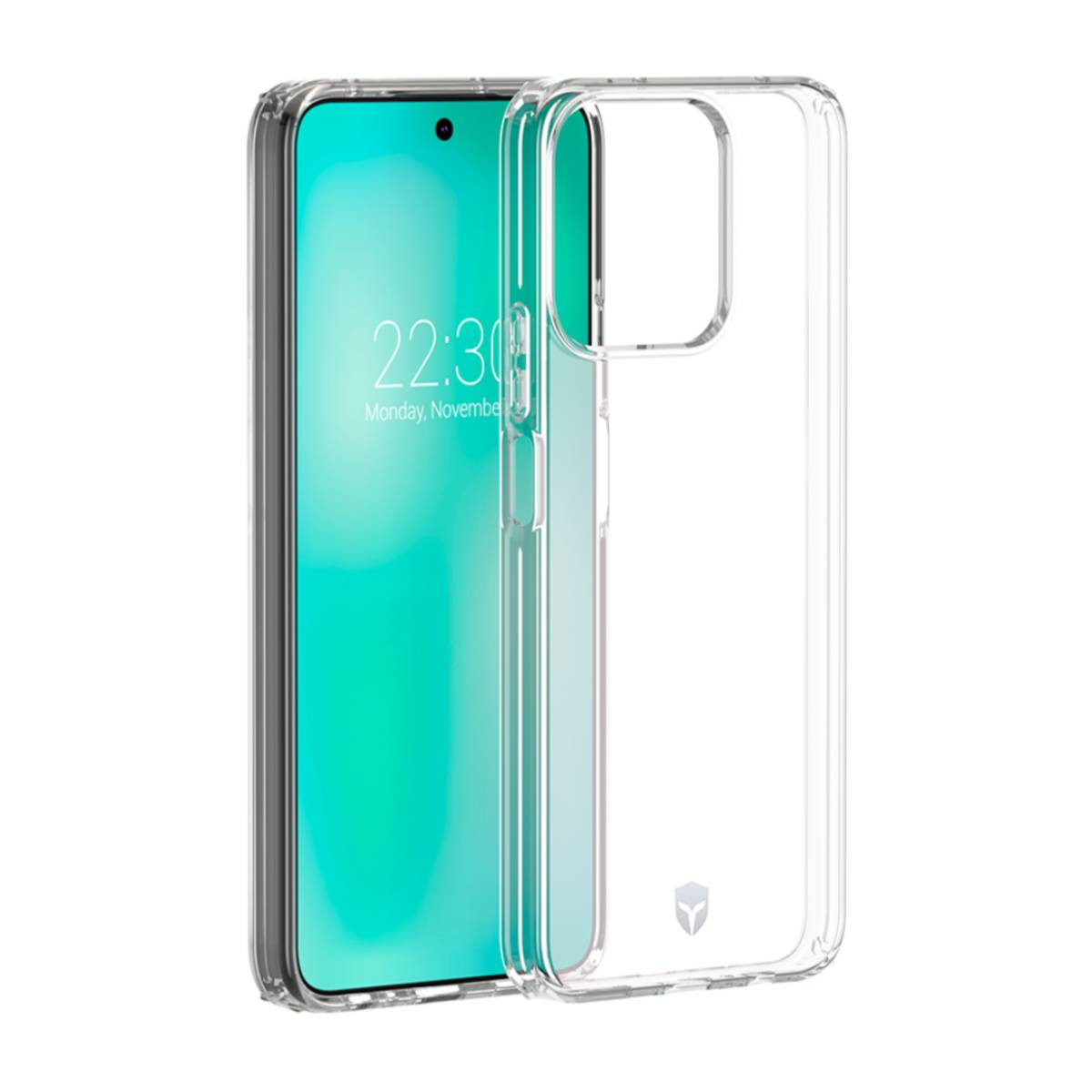 Telefono con custodia trasparente. L'ora è mostrata. La custodia è trasparente con anello magnetico.