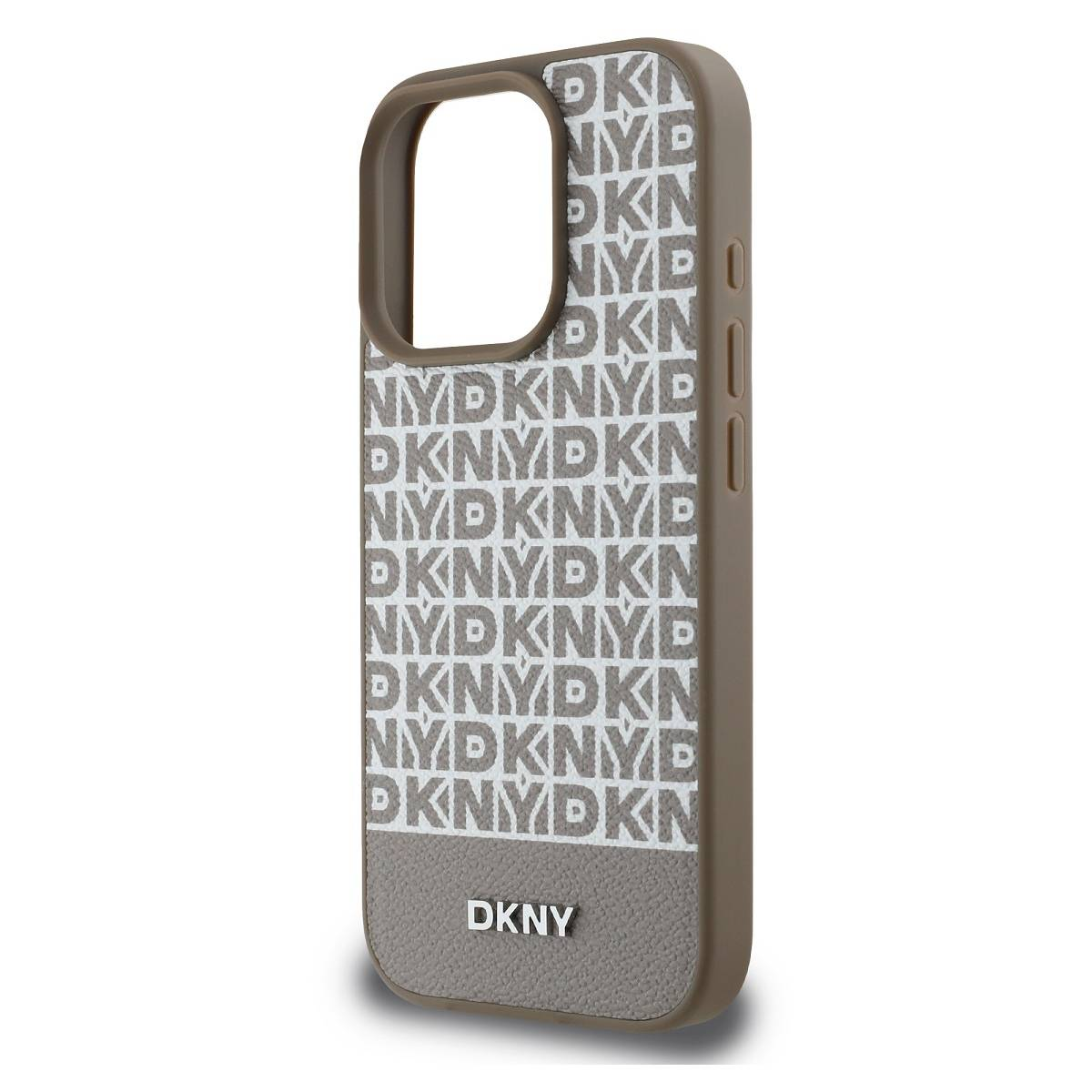 Custodia con motivo logo DKNY. Colori marrone e bianco. Texture similpelle.