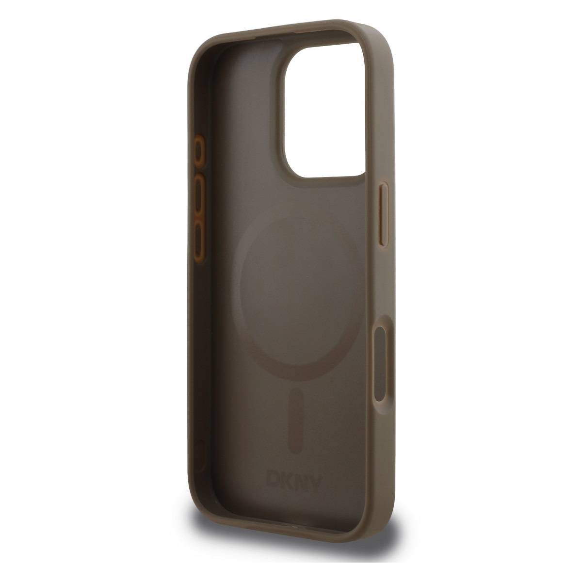 Custodia per telefono, colore marrone, marchio DKNY. Vista interna della custodia. Sfondo bianco.