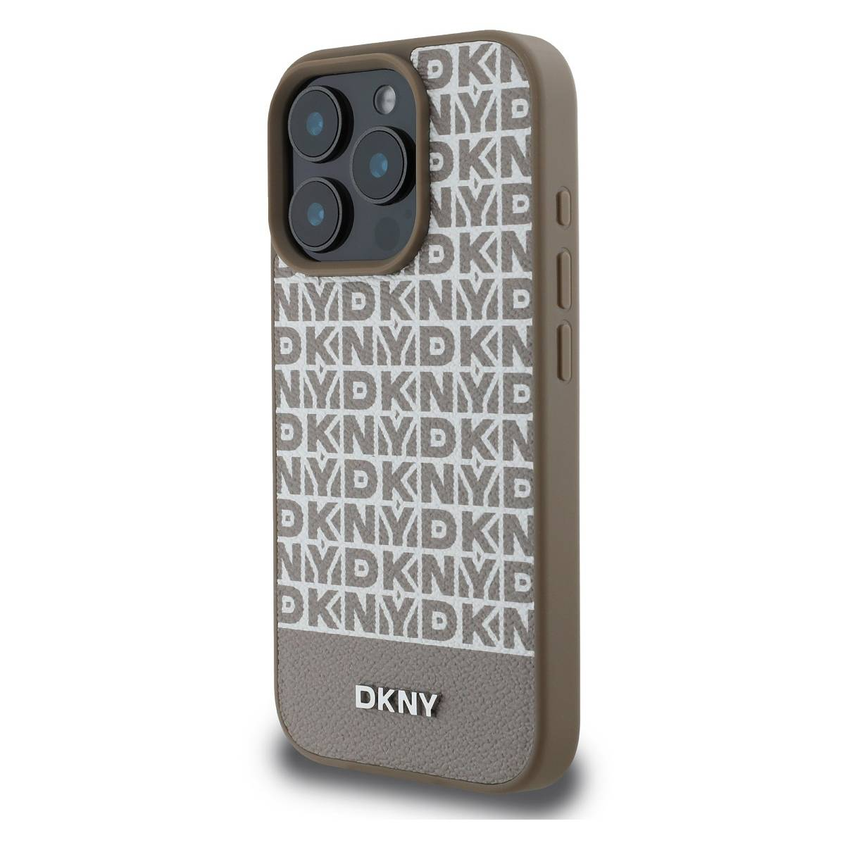 Custodia DKNY per telefono. Custodia marrone, motivo DKNY bianco. Rilievo della fotocamera. Texture in pelle.