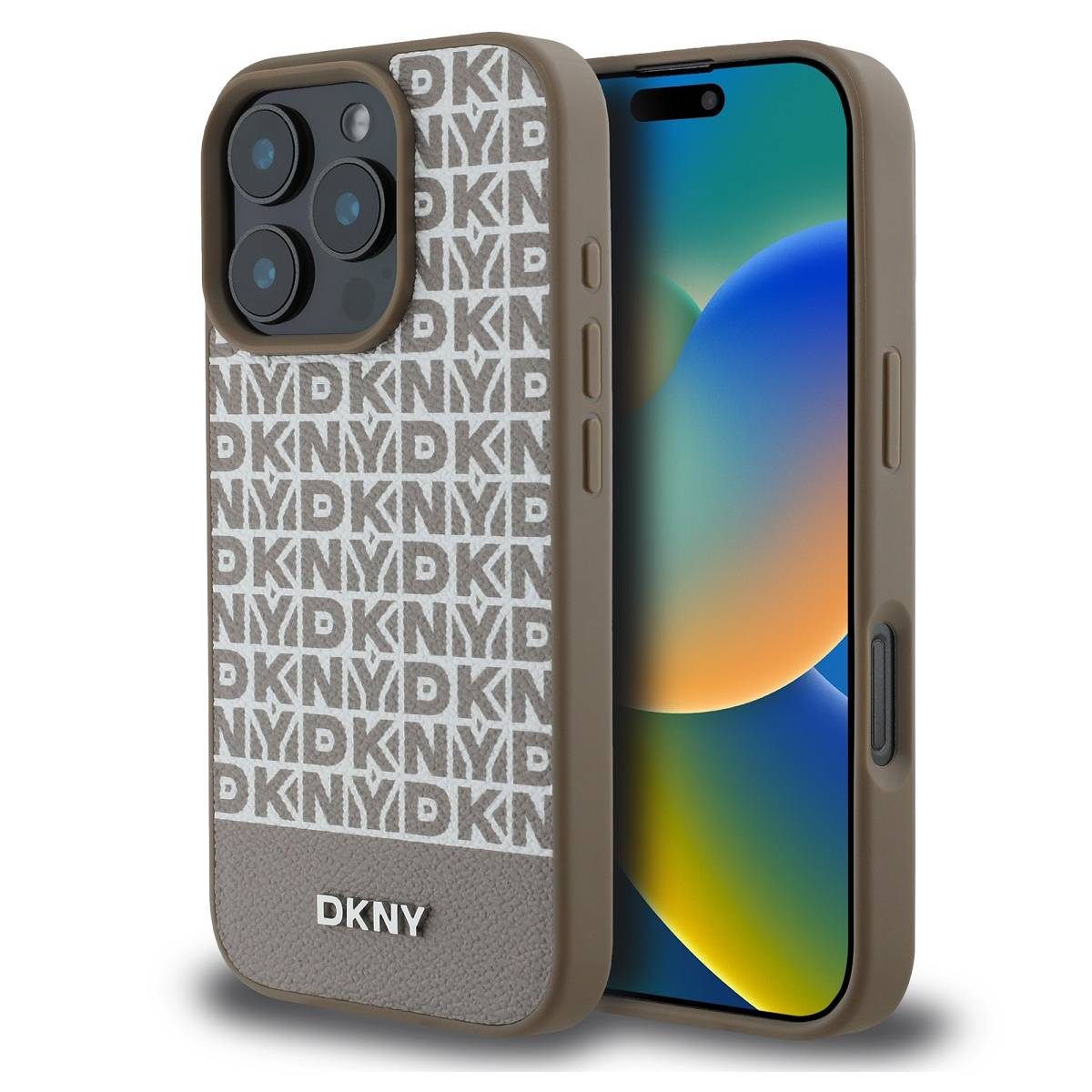 Custodia per telefono DKNY con un motivo DKNY e il telefono.