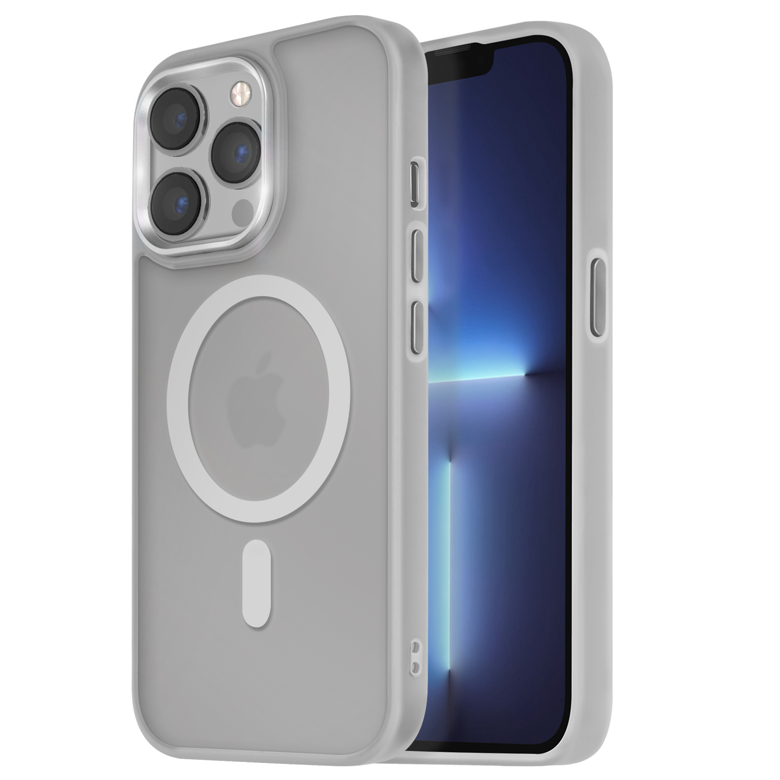 Custodia grigia con fori per la fotocamera e logo Apple. Sfondo un telefono.