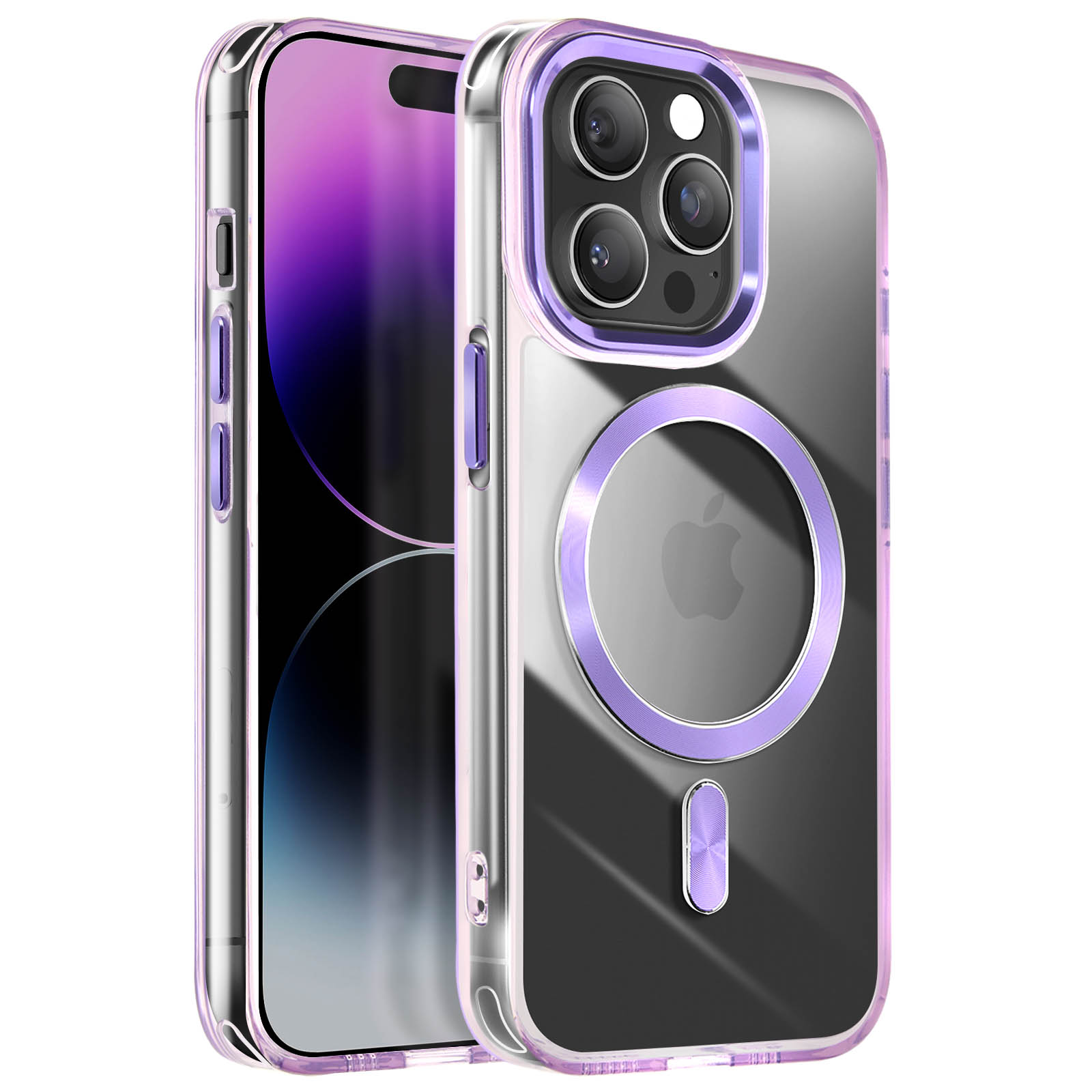 Una custodia trasparente per telefono con un anello viola attorno alla fotocamera e un pulsante viola laterale.