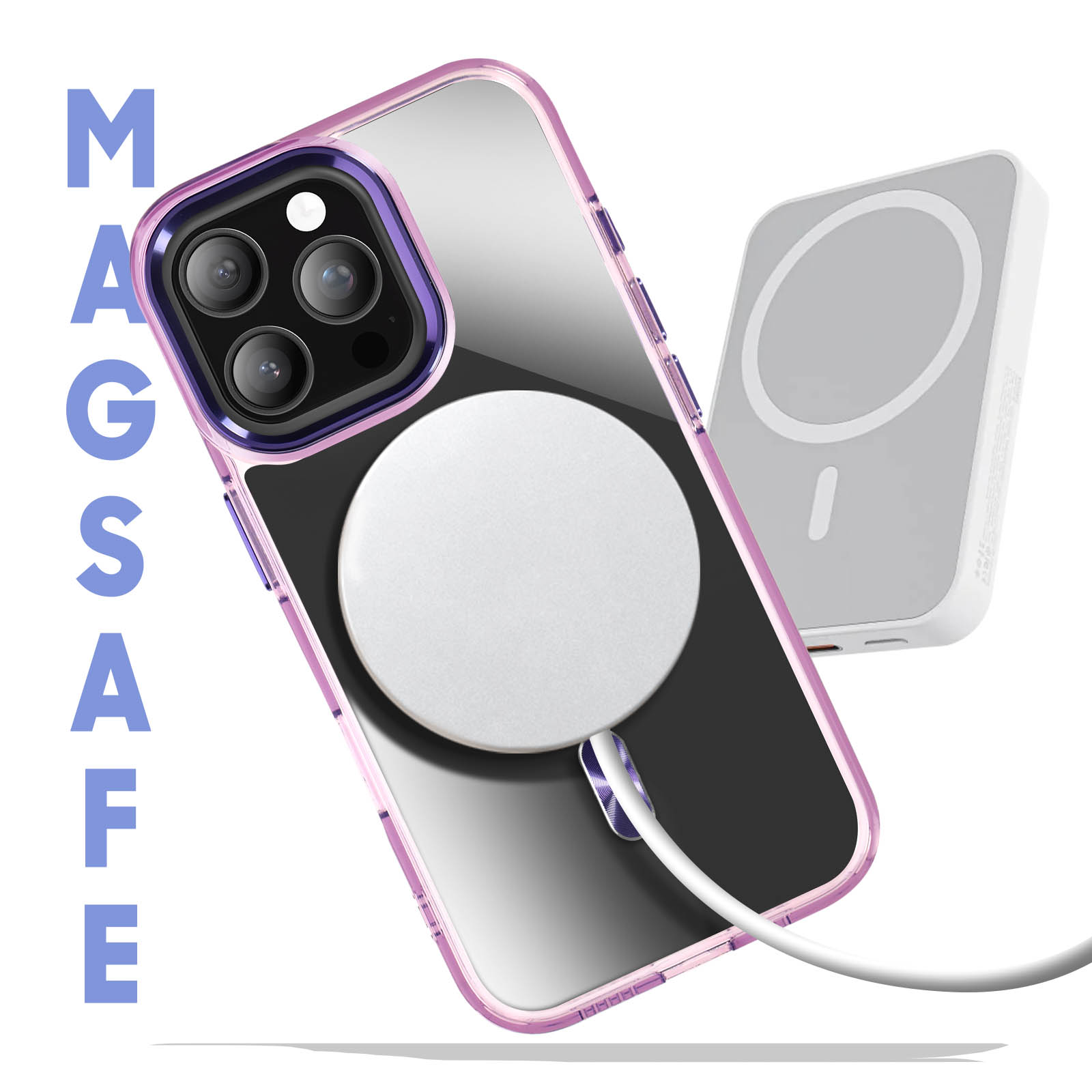 Custodia per telefono con MagSafe. Un telefono è nella custodia e un caricabatterie wireless accanto.
