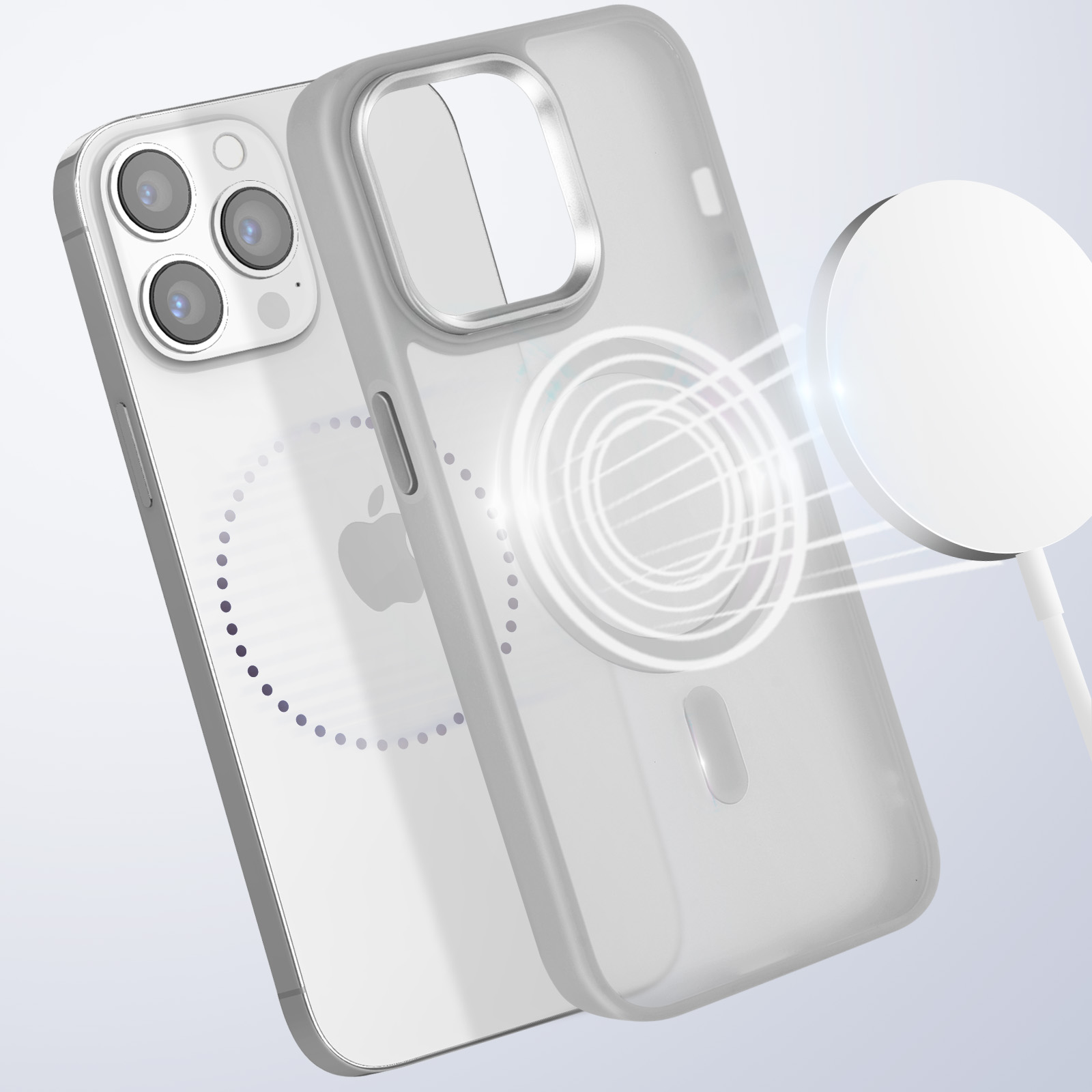 Telefono con custodia trasparente e caricatore wireless. Il telefono ha un logo Apple bianco.