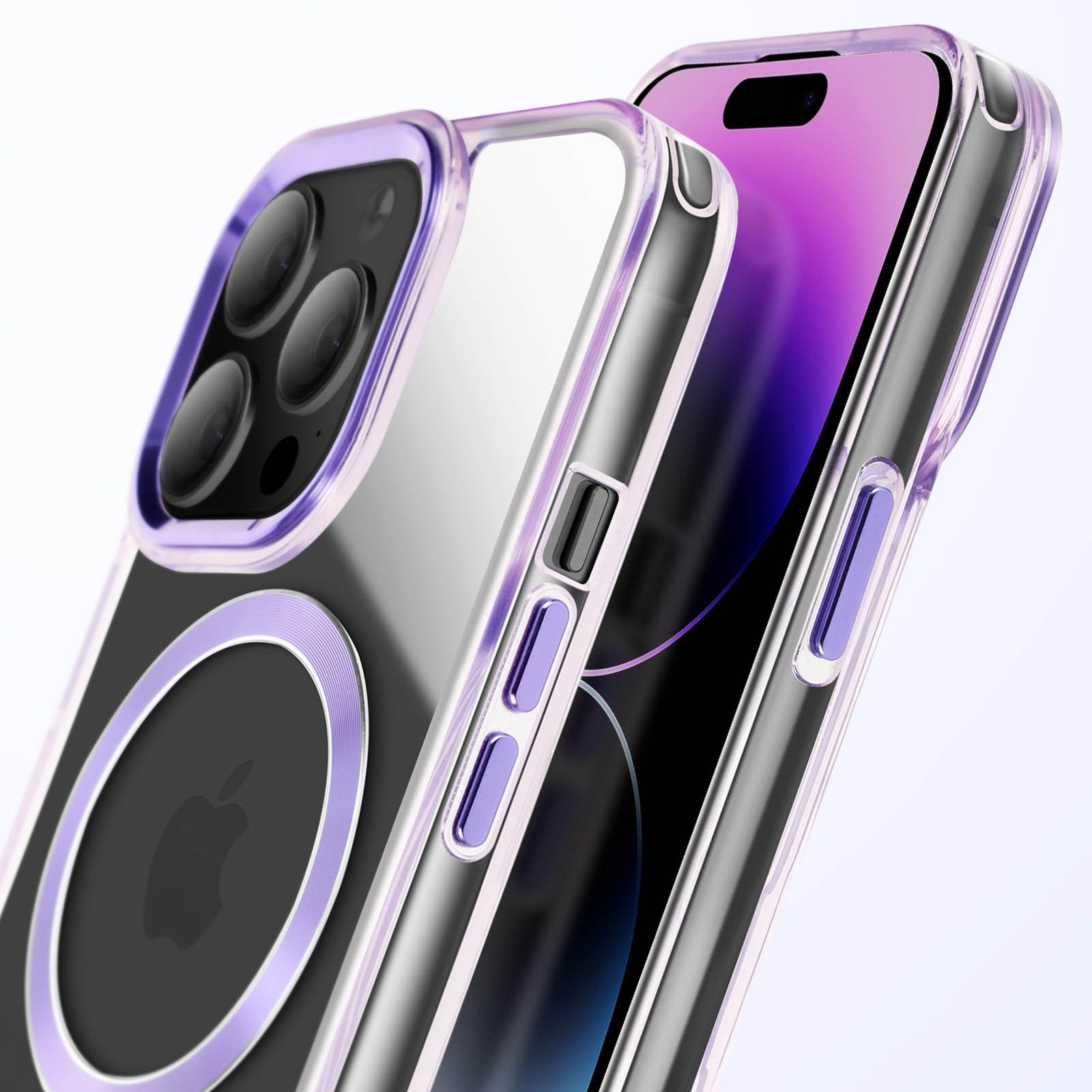 Custodia trasparente con dettagli viola. Telefono con tripla fotocamera e logo Apple.