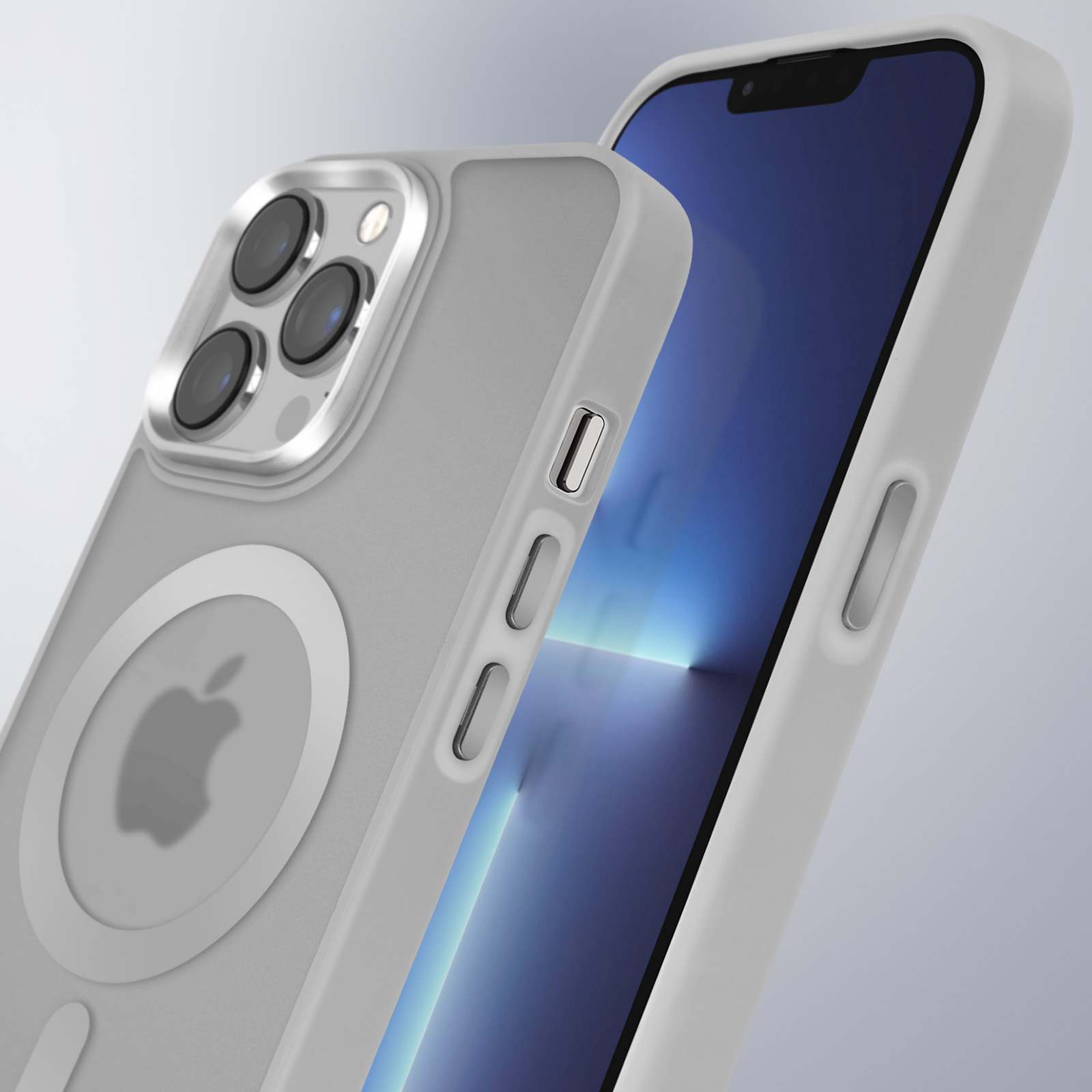 Custodia grigia per telefono con retro trasparente, copre un telefono. Logo Apple argentato visibile.