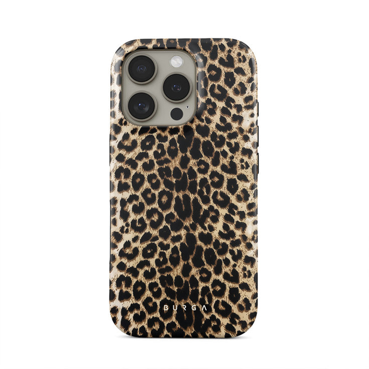 Custodia per telefono con stampa leopardata. Ha un ritaglio per la fotocamera e un design semplice.